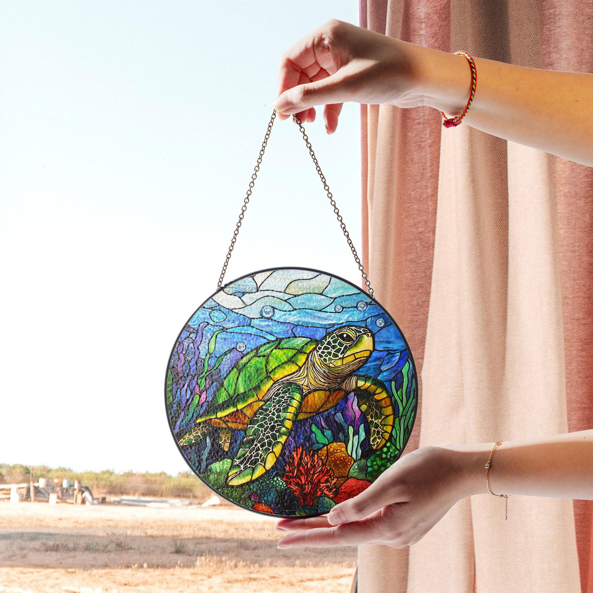 Sea Turtle Stained Glass Panel - Vibrant Underwater Coral Reef Design Circular Window Hanging, Acrylic Stained Glass Inspired Suncatcher, Decorative Window Hanging, Artistic Home Decoration, Stained Glass Look, Colorful Light Catcher Decor Gift
