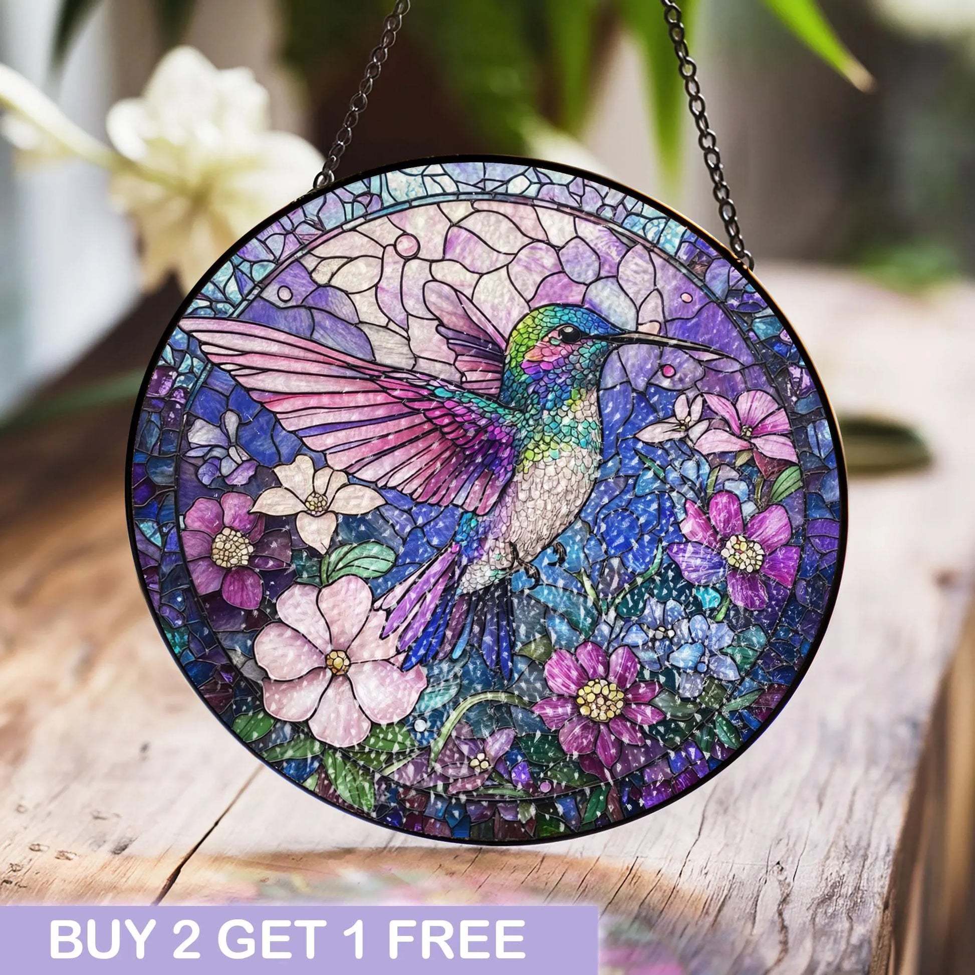 Hummingbird Stained Glass Window Hanging, Vibrant Floral Suncatcher, Nature-inspired Home Decor, Colorful Glass Art, Bird Lover Gift, Acrylic Stained Glass Inspired Suncatcher, Decorative Window Hanging, Artistic Home Decoration