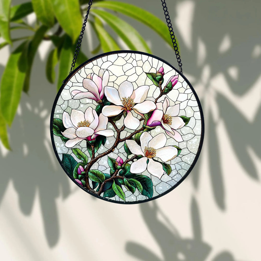 Handmade White Magnolia Stained Glass Suncatcher_ Floral Window Art, Handcrafted Stained Glass Suncatcher, Vibrant Window Art Panel, Sunlit Light Catcher Decoration, Boho Room Decor, Gift for Home Lovers