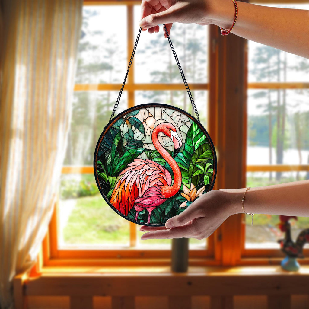 Stained Glass Flamingo Suncatcher_ Tropical Home Decor, Stained Glass Style Clover Window Suncatcher, Acrylic Lucky Hanging Decor, Four Leaf Sun Catcher, Green Home Ornament