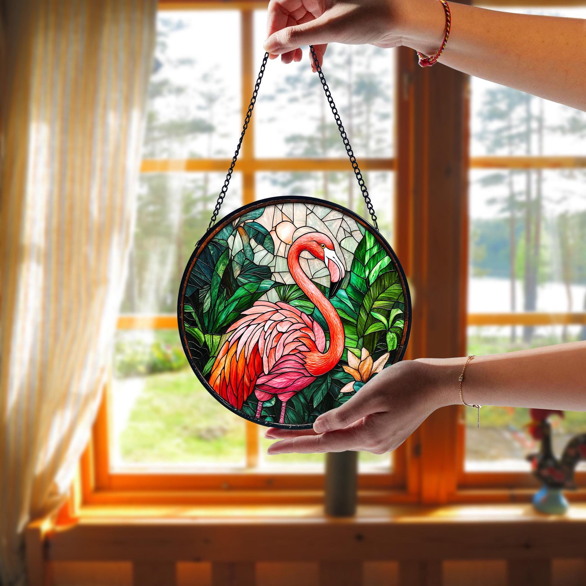 Stained Glass Flamingo Suncatcher_ Tropical Home Decor, Stained Glass Style Clover Window Suncatcher, Acrylic Lucky Hanging Decor, Four Leaf Sun Catcher, Green Home Ornament