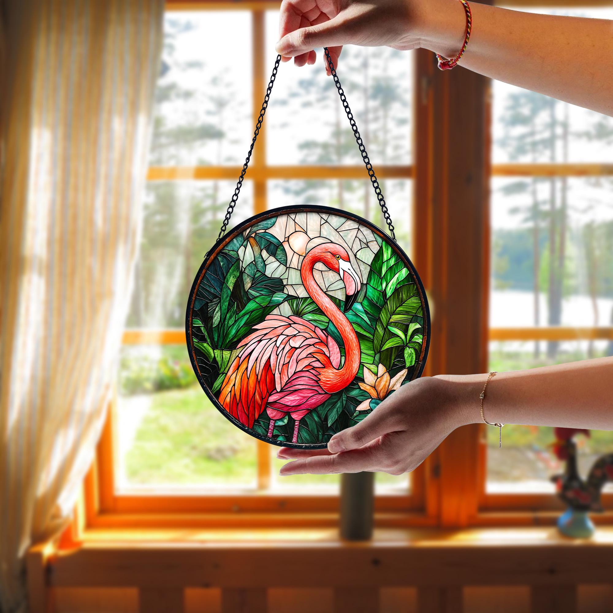 Stained Glass Flamingo Suncatcher_ Tropical Home Decor, Stained Glass Style Clover Window Suncatcher, Acrylic Lucky Hanging Decor, Four Leaf Sun Catcher, Green Home Ornament