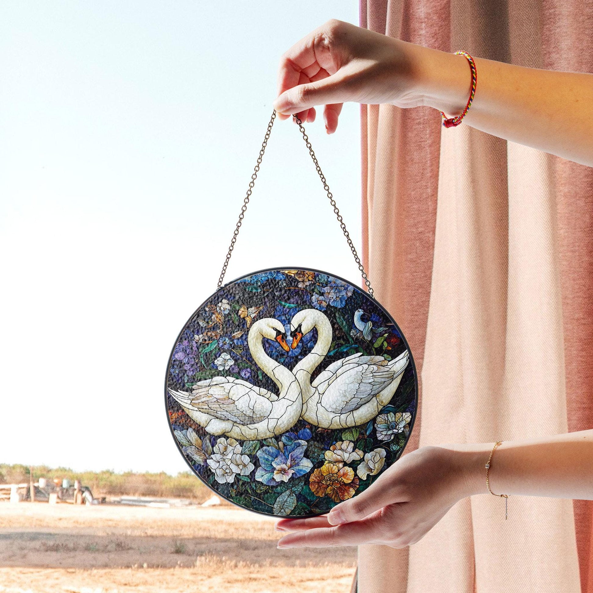Swan Pair Stained Glass Window Hanging - Romantic Nature Art Decor, Stained Glass Inspired Suncatcher, Acrylic Window Hanging Art, Colorful Light Catcher, Handmade Gift for Home