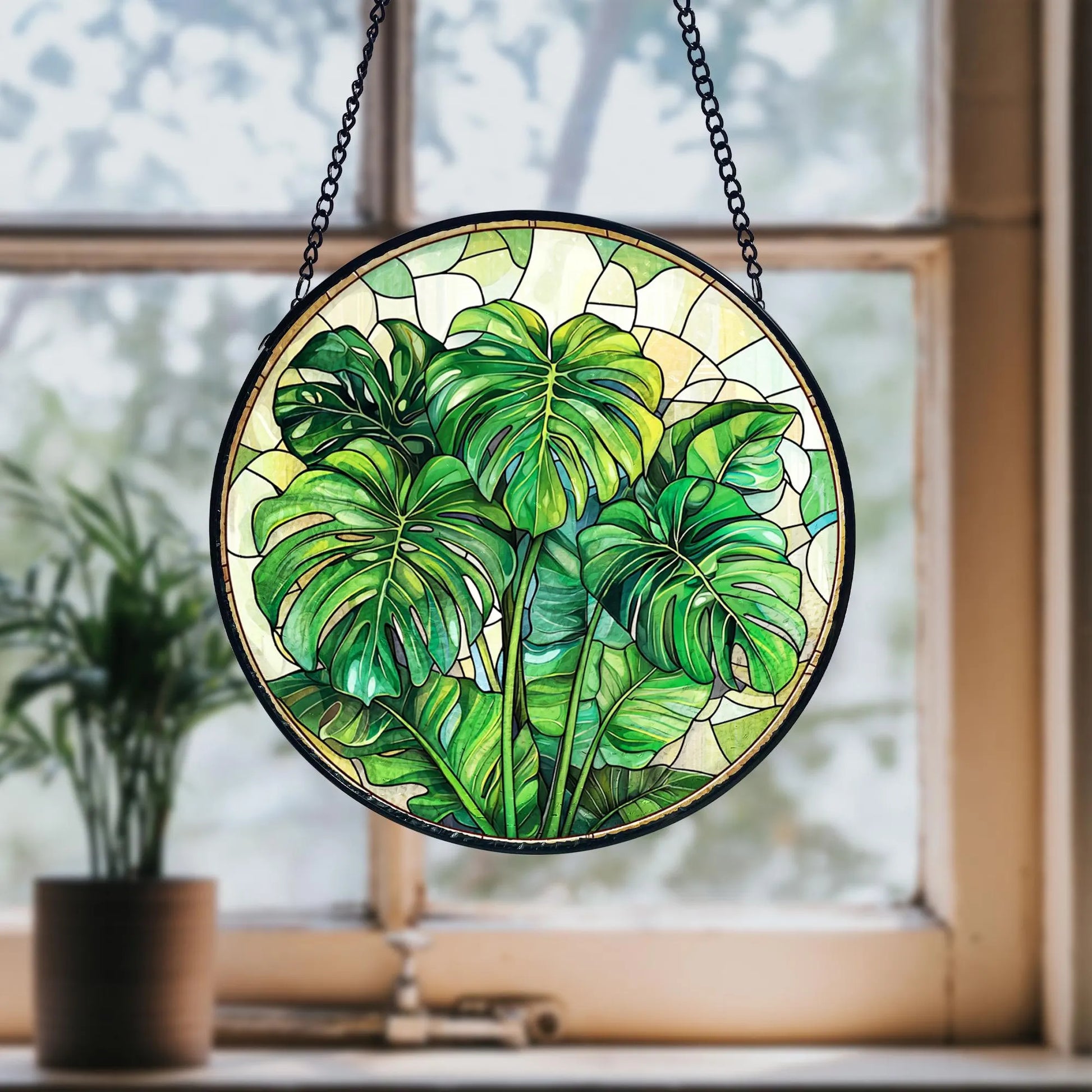 Handmade Monstera Plant Stained Glass Suncatcher_ Botanical Window Decor, Stained Glass Acrylic Suncatcher, Vibrant Window Hanging Art, Colorful Light Catcher Decor, Boho Window Ornament, Unique Home Gift