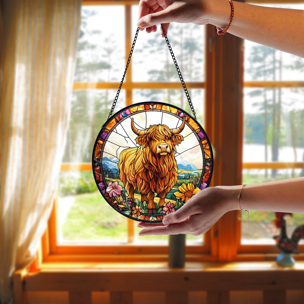 Highland Cow Faux Stained Glass Window Hanging_ Farmhouse Decor, Handcrafted Stained Glass Suncatcher, Vibrant Window Art Panel, Sunlit Light Catcher Decoration, Boho Room Decor, Gift for Home Lovers