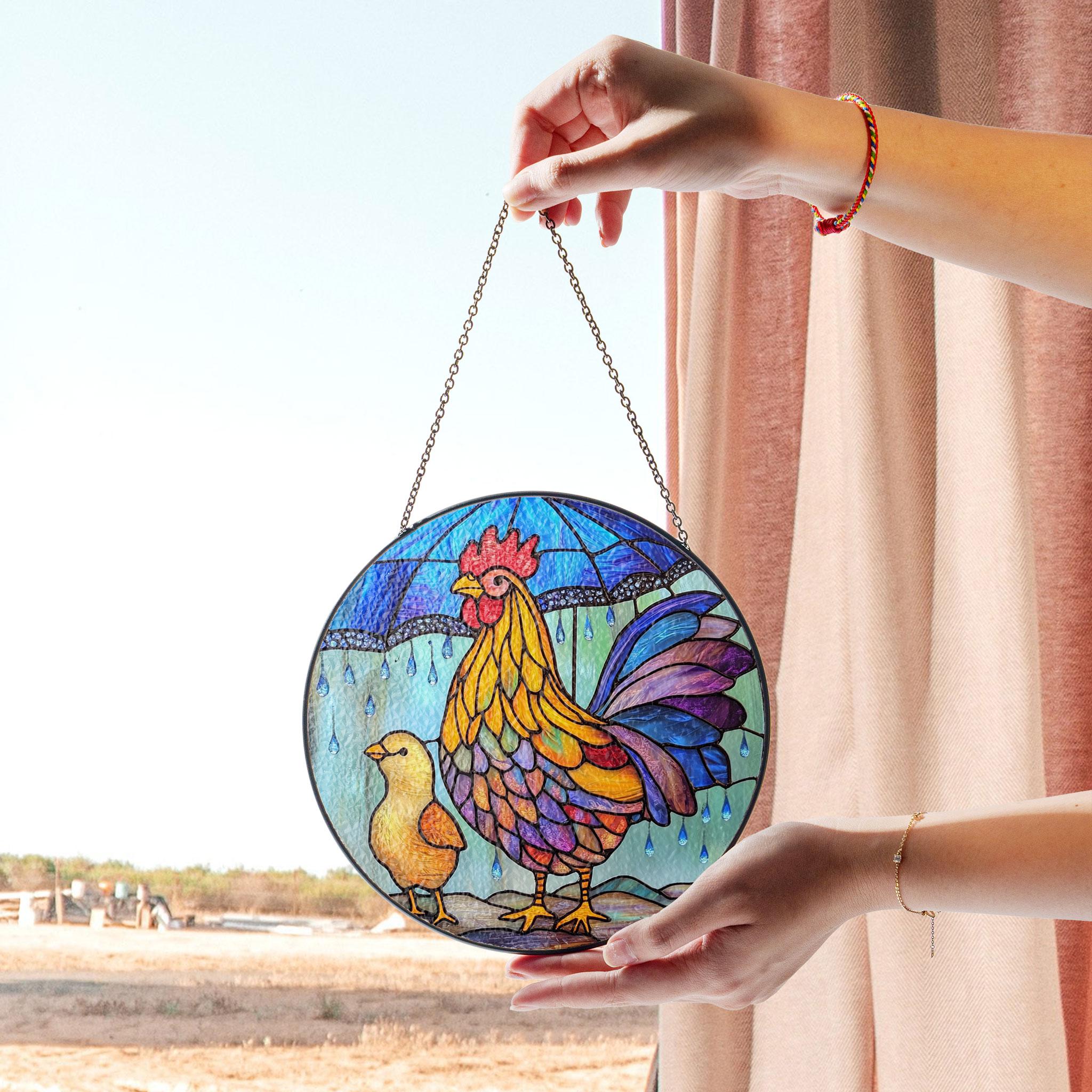 Rooster and Chick Stained Glass Art for Window Hanging Decor, Decorative Stained Glass Style Suncatcher, Acrylic Window Art Panel, Sun Catcher Hanging Ornament, Unique Home Accent, andmade Home Decoration