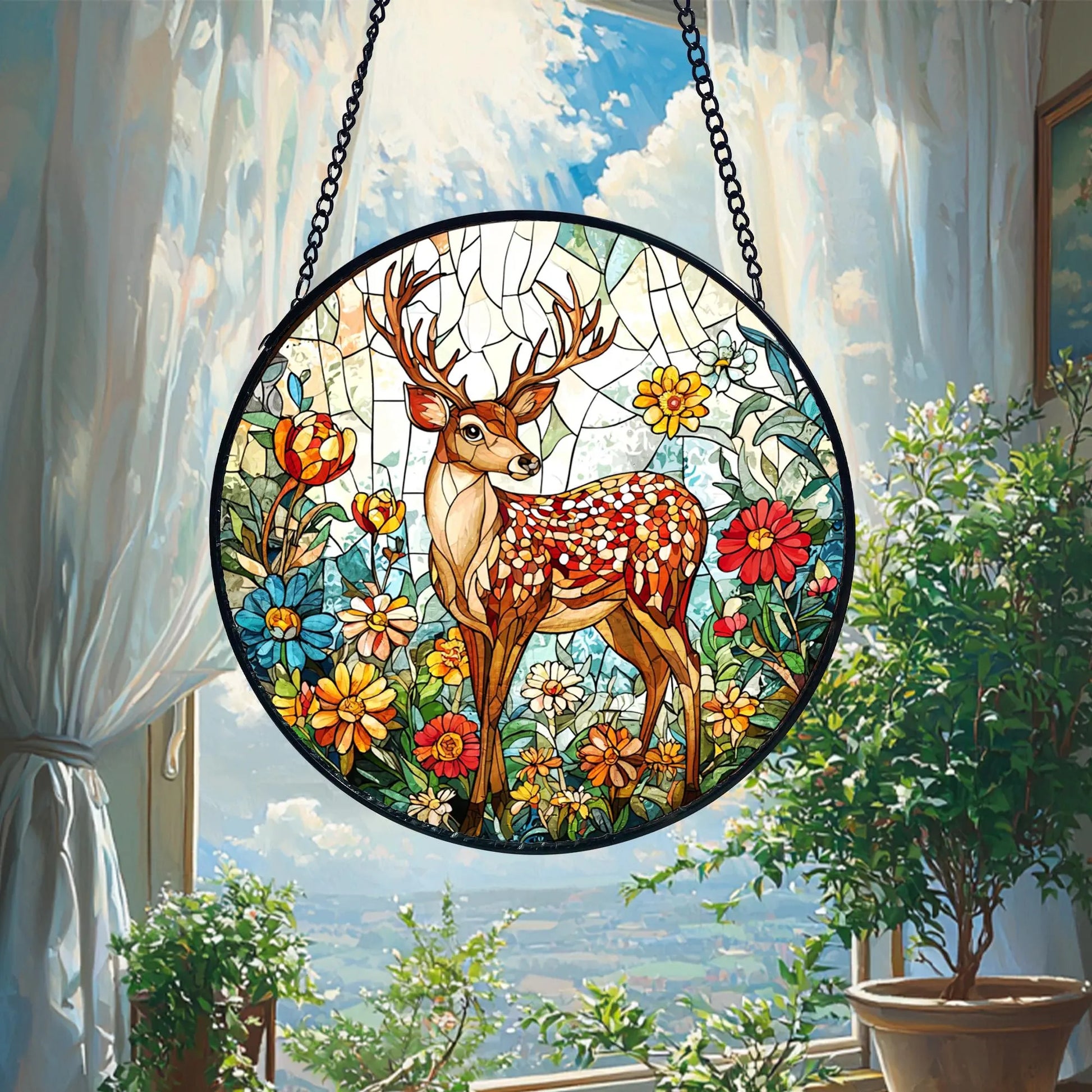 Deer Stained Glass Suncatcher_ Floral Window Hanging, Colorful Sun Catcher Ornament, Boho Window Decoration, Unique Gift