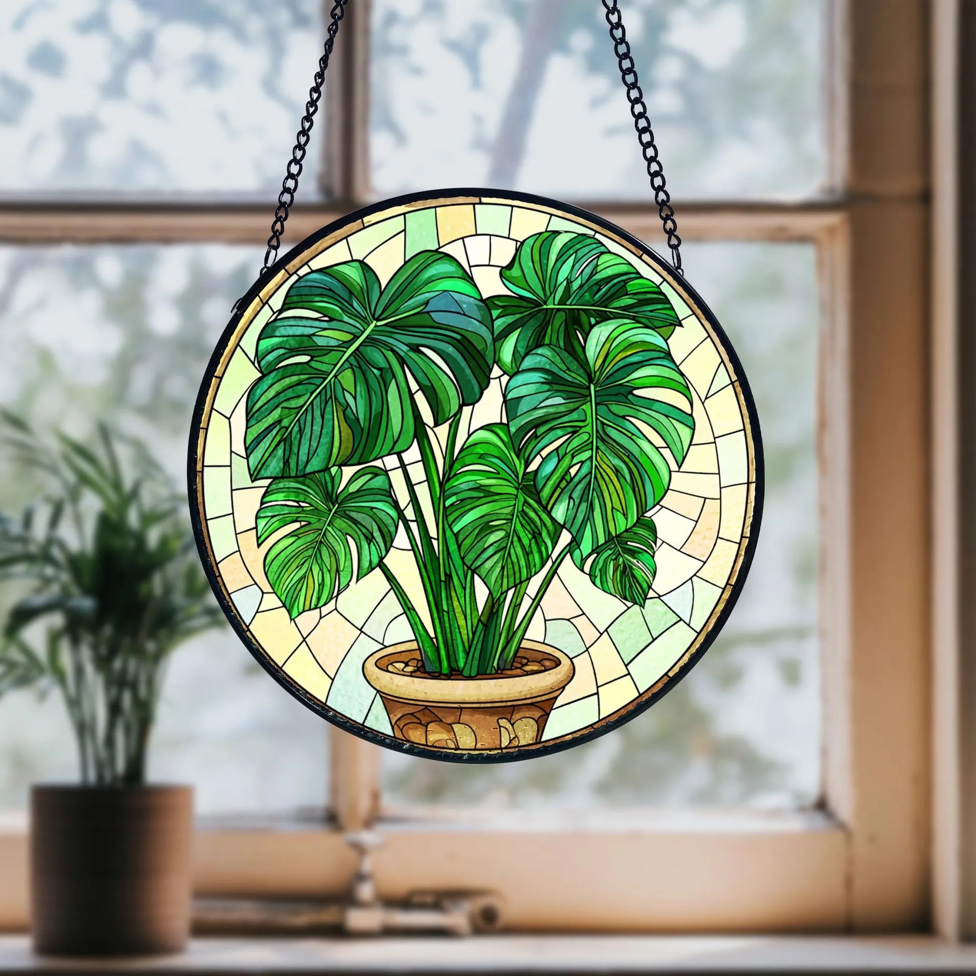 Handmade Stained Glass Monstera Suncatcher_ Botanical Window Hanging, Handcrafted Stained Glass Suncatcher, Vibrant Window Art Panel, Sunlit Light Catcher Decoration, Boho Room Decor, Gift for Home Lovers
