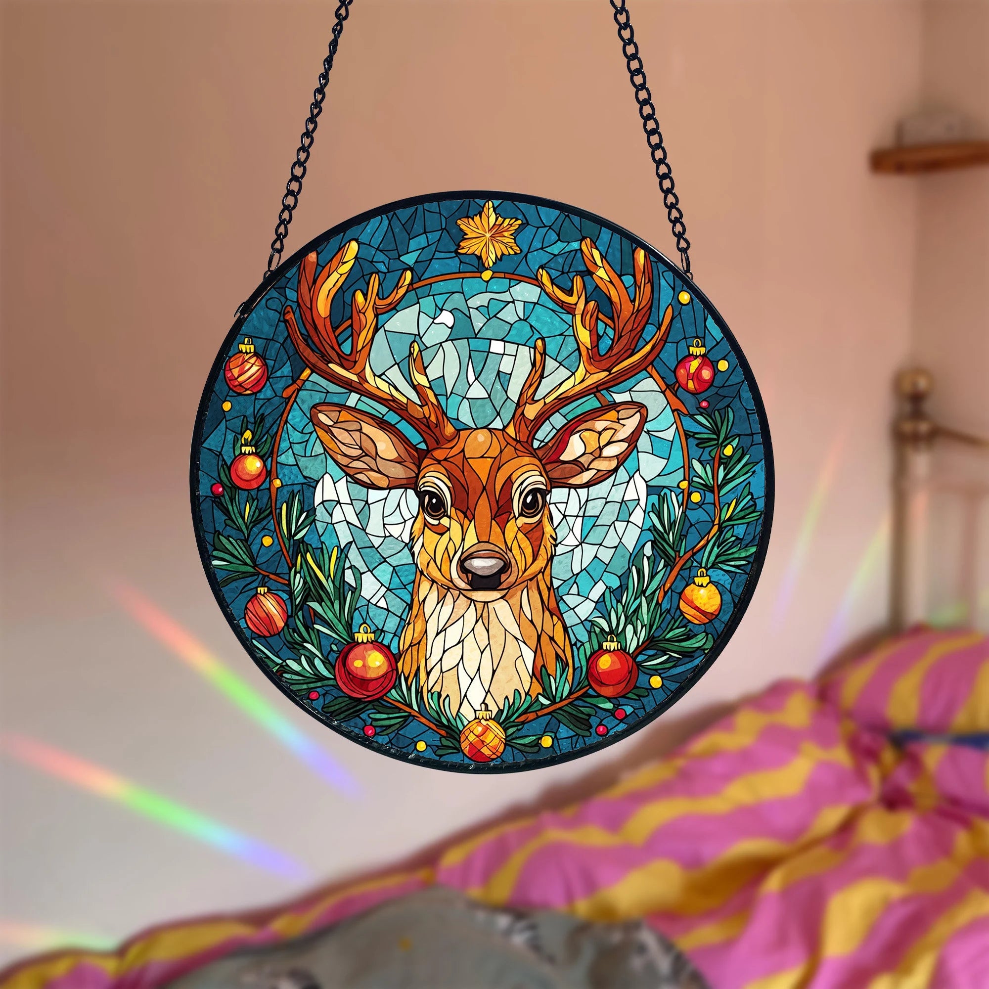 Vintage Reindeer Stained Glass Suncatcher_ Christmas Window Decor, Decorative Stained Glass Style Suncatcher, Acrylic Window Art Panel, Sun Catcher Hanging Ornament, Unique Home Accent, andmade Home Decoration