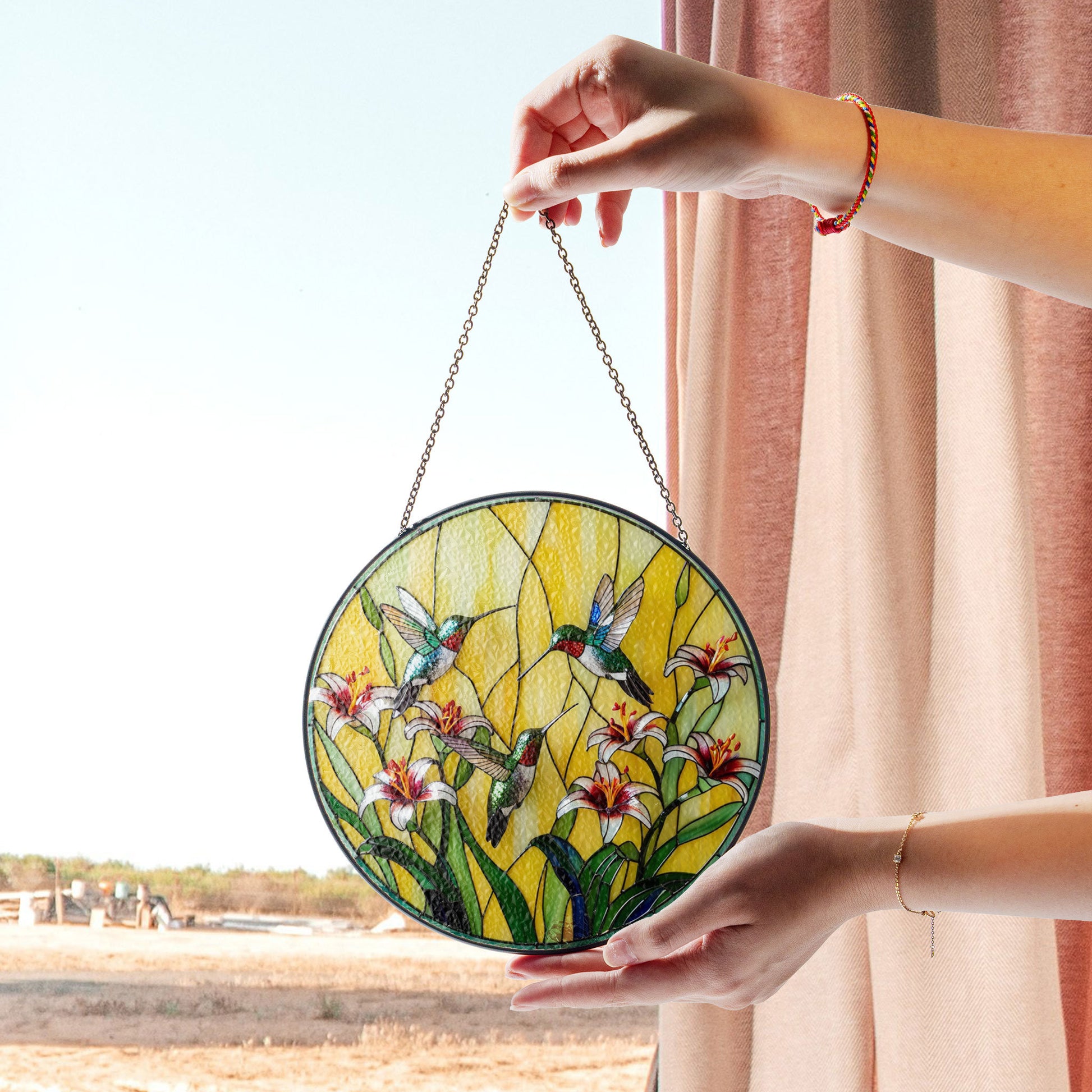 Vibrant Stained Glass Hummingbird Suncatcher With White Lilies - Beautiful Window Hanging for Home Decor, Stained Glass Style Window Decor, Acrylic Hanging Suncatcher, Sunlit Light Catcher, Unique Artisan Gift