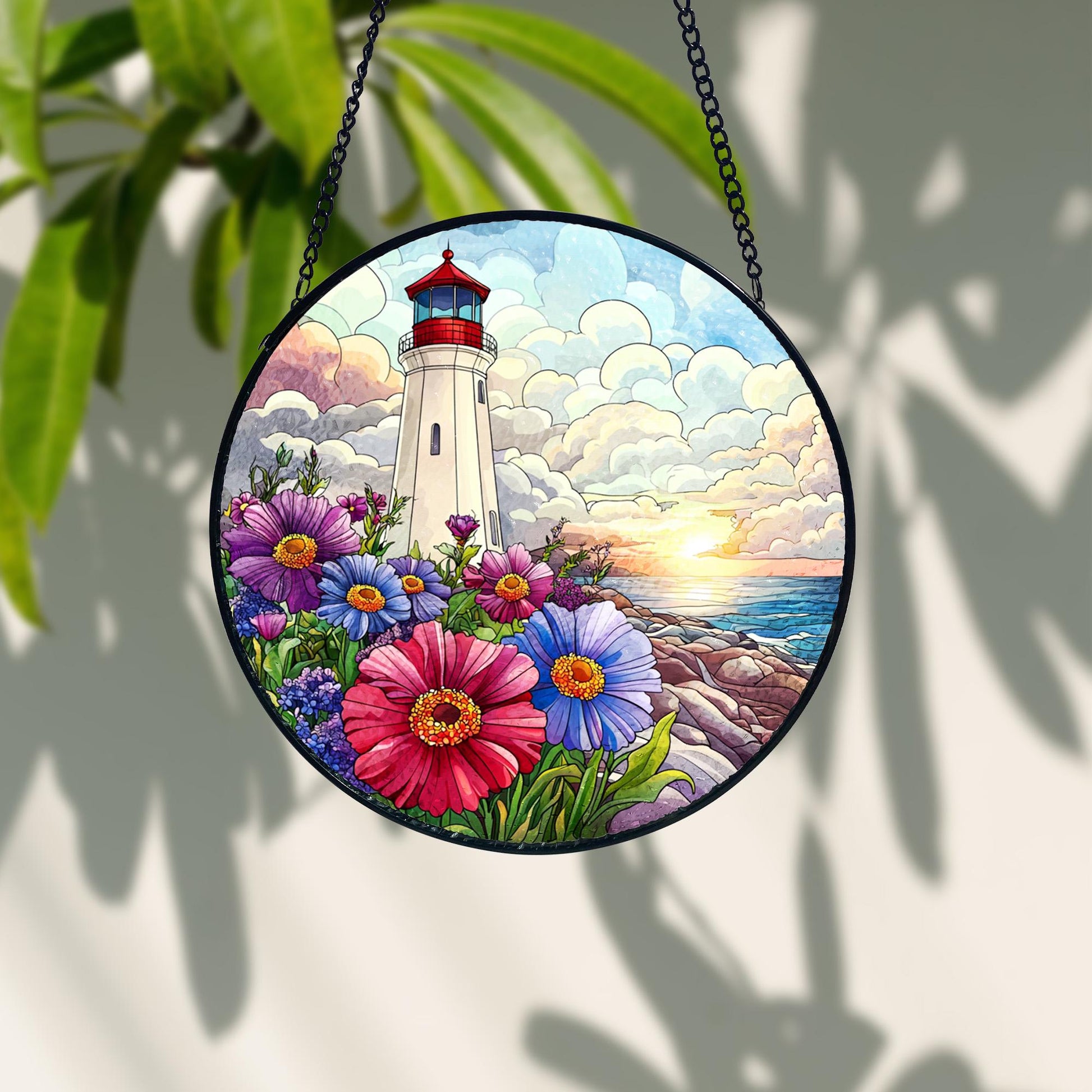 Lighthouse Stained Glass Suncatcher_ Coastal Window Hanging, Acrylic Stained Glass Window Art, Handmade Sun Catcher Hanging Decor, Colorful Light Reflecting Panel, Unique Gift for Home