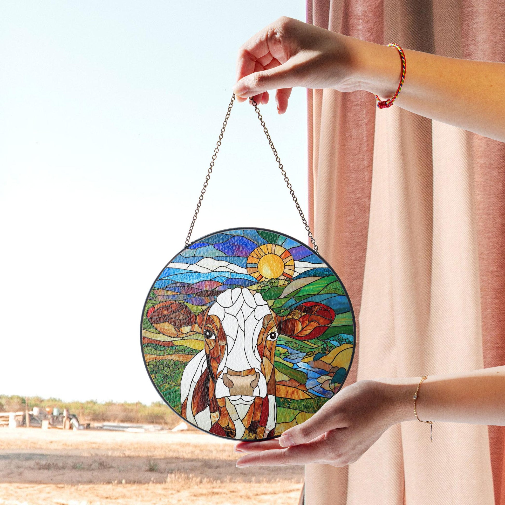 Colorful Cow Stained Glass Panel With Countryside Landscape and Sun, Perfect Farmhouse Decor or Window Display, Handmade Acrylic Suncatcher Window Hanging, Stained Glass Look Decor, Colorful Light Catcher, Unique Home Gift
