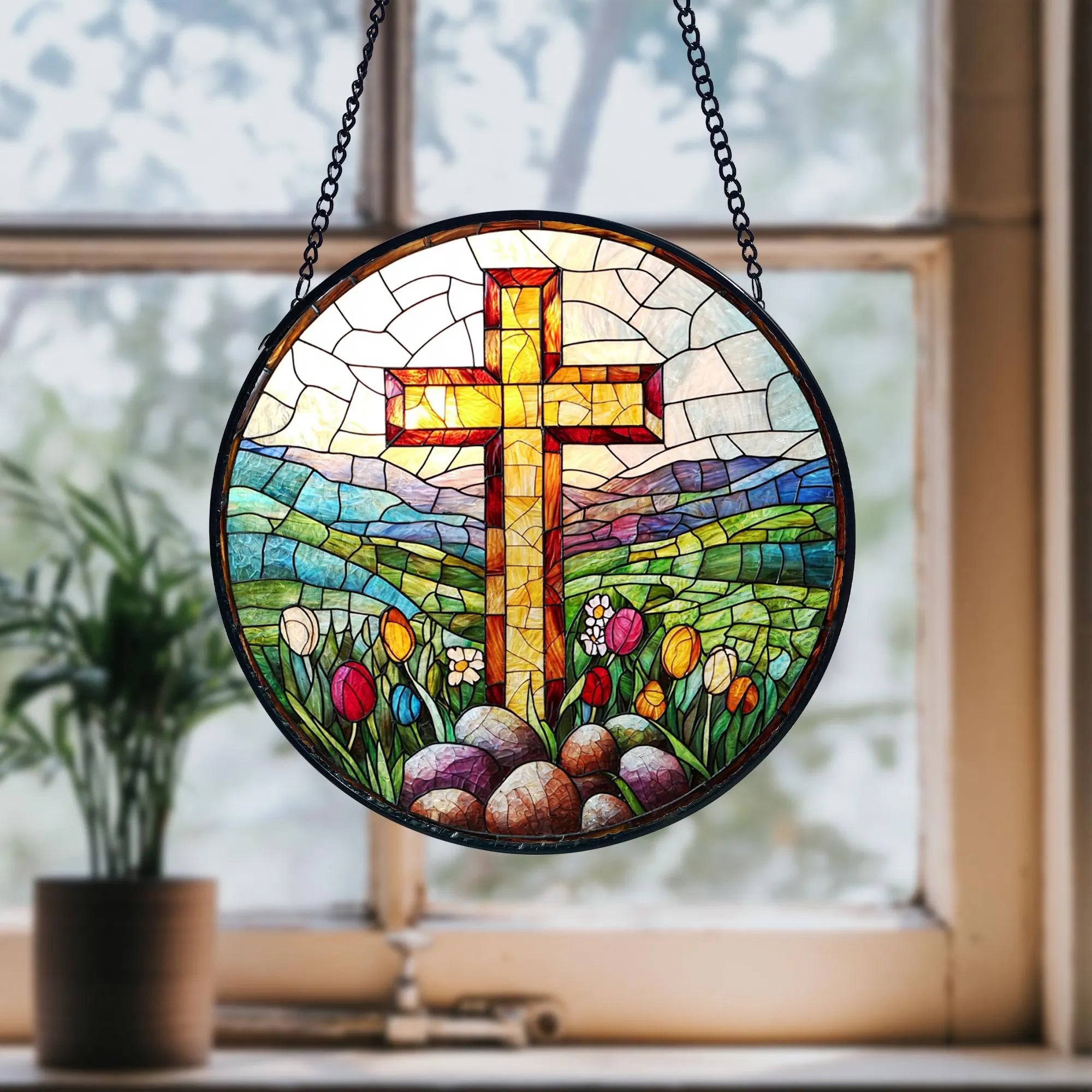 Easter Cross Stained Glass Suncatcher_ Christian Window Hanging, Colorful Sun Catcher Ornament, Boho Window Decoration, Unique Gift