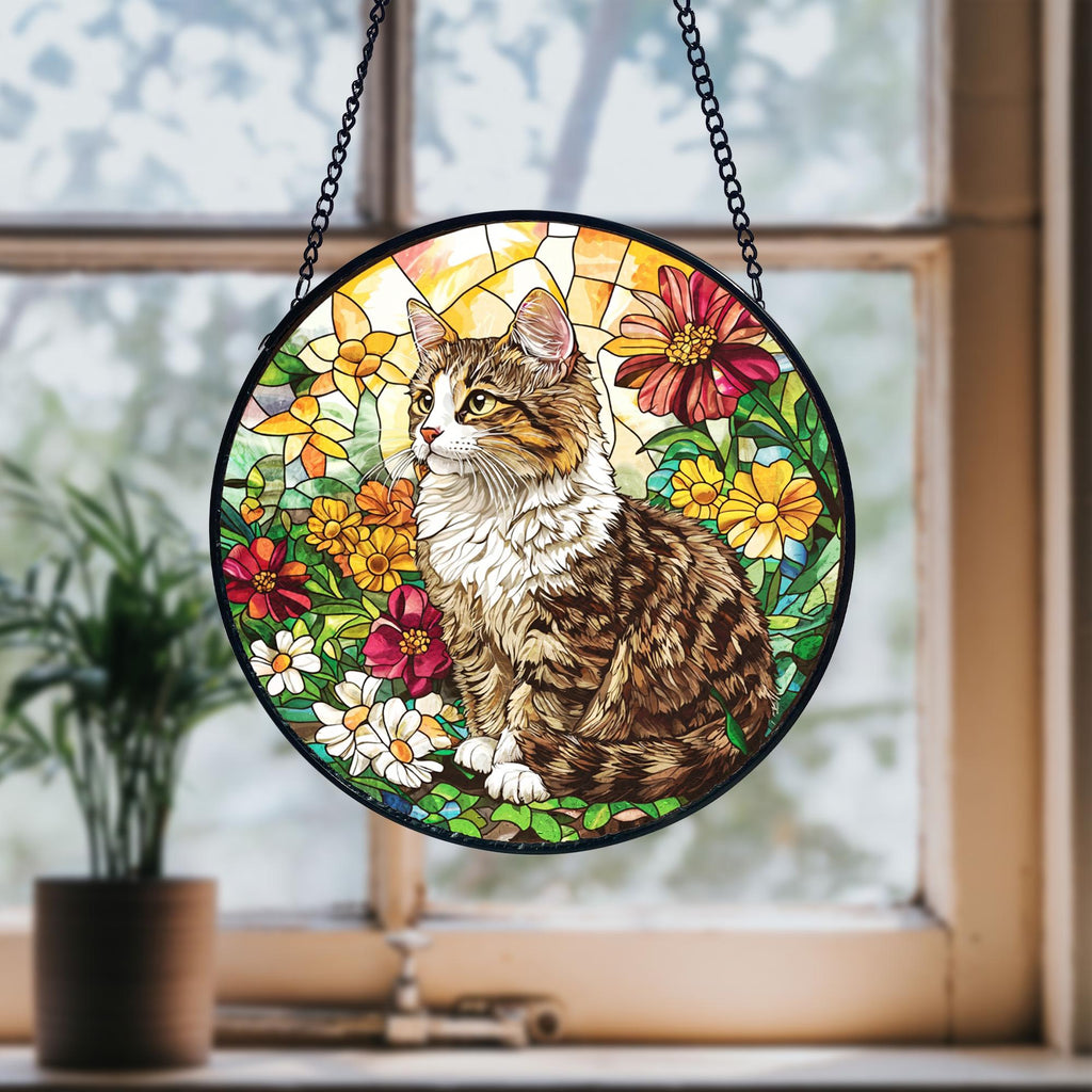 Tabby Cat Stained Glass Suncatcher_ Handmade Feline Window Decor, Decorative Stained Glass Style Suncatcher, Acrylic Window Art Panel, Sun Catcher Hanging Ornament, Unique Home Accent, andmade Home Decoration