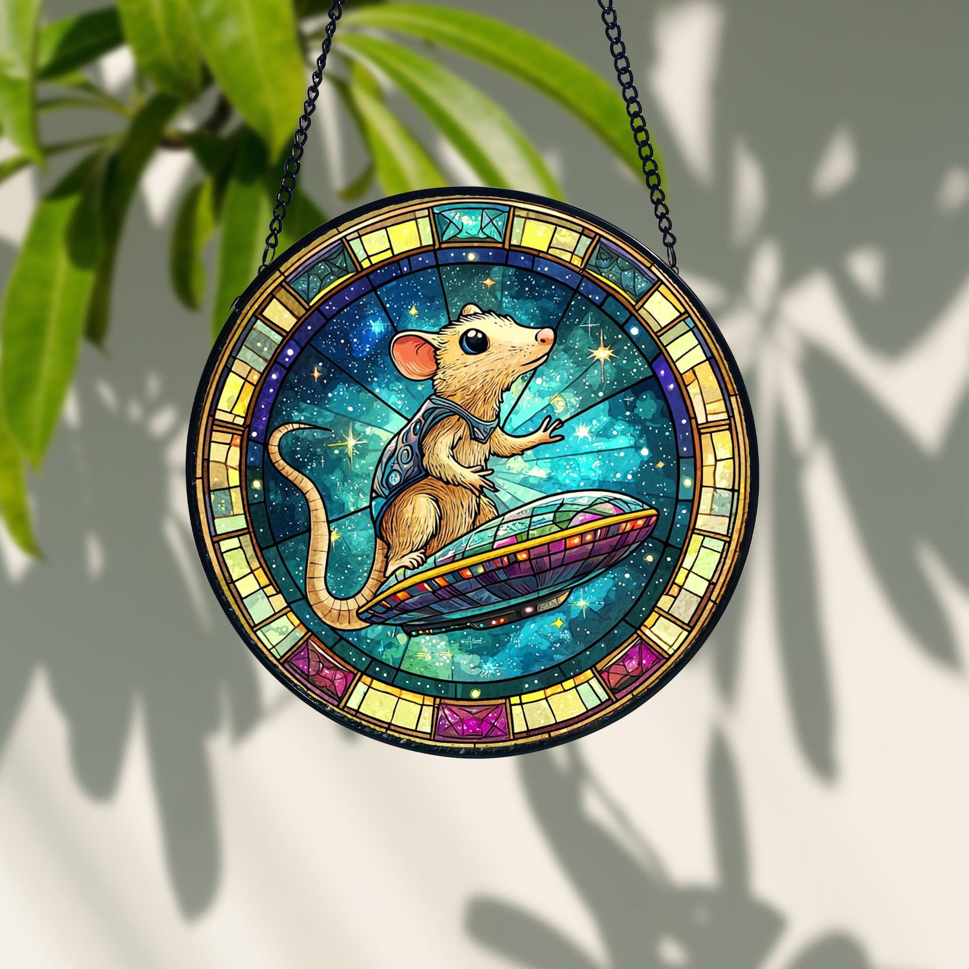 UFO Abduction Opossum Stained Glass Suncatcher_ Funny Alien Decor, Decorative Stained Glass Style Suncatcher, Acrylic Window Art Panel, Sun Catcher Hanging Ornament, Unique Home Accent, andmade Home Decoration