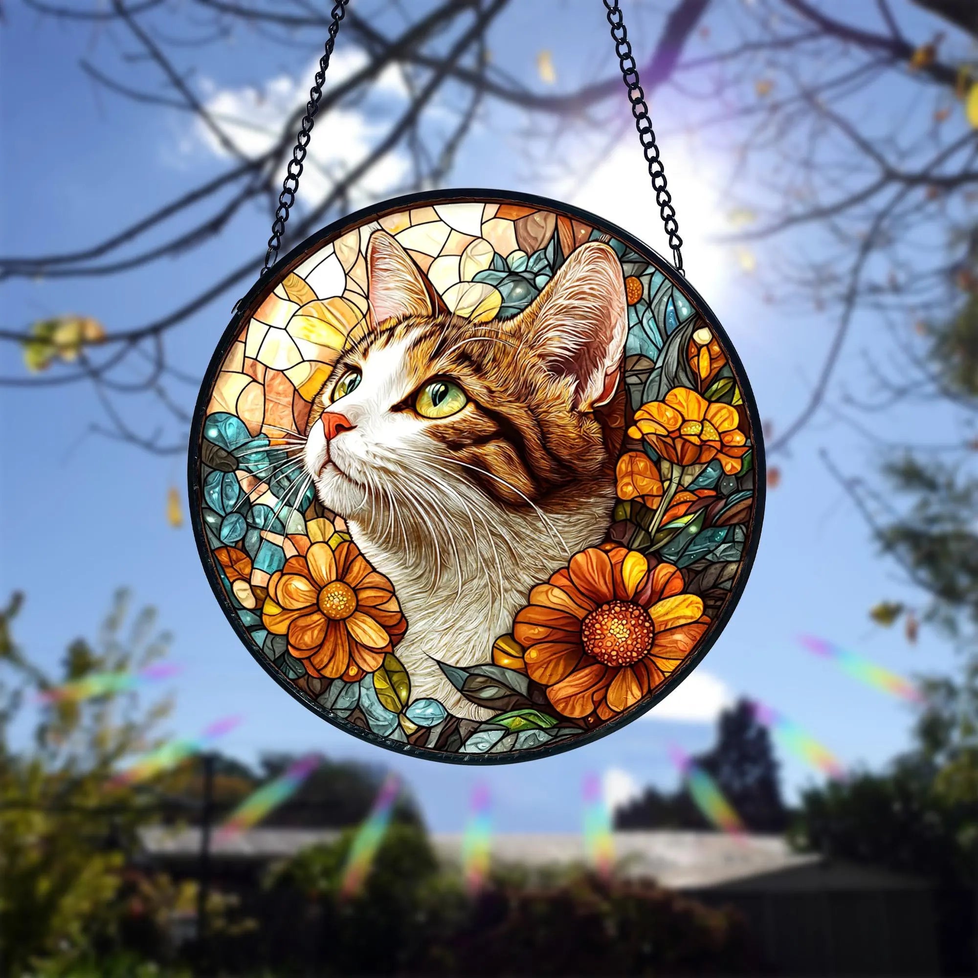 Tabby Cat Stained Glass Suncatcher_ Feline Window Decor, Decorative Stained Glass Style Suncatcher, Acrylic Window Art Panel, Sun Catcher Hanging Ornament, Unique Home Accent, andmade Home Decoration