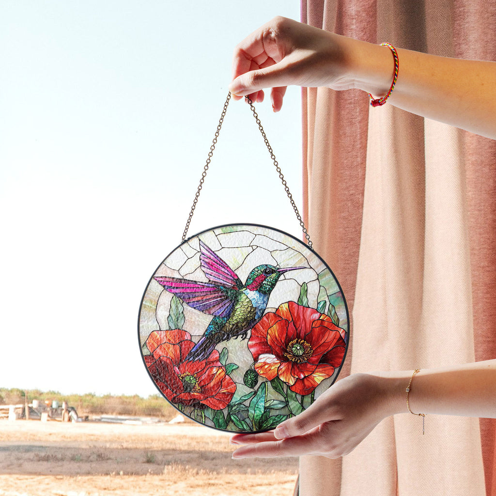 Hummingbird Stained Glass Suncatcher, Poppy Flower Glass Art, Unique Window Hanging, Bird Lover Gift, Hummingbird Wall Decor for Home , Vibrant Acrylic Sun Catcher Hanging, Stained Glass Look Window Decor, Decorative Home Accent Gift