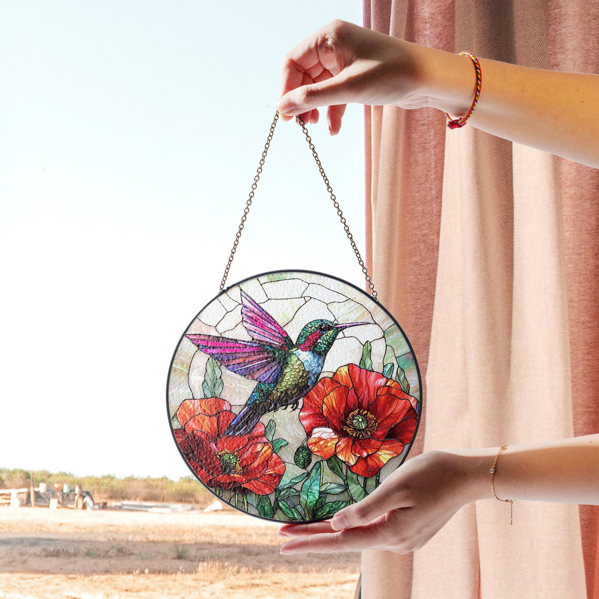 Hummingbird Stained Glass Suncatcher, Poppy Flower Glass Art, Unique Window Hanging, Bird Lover Gift, Hummingbird Wall Decor for Home , Vibrant Acrylic Sun Catcher Hanging, Stained Glass Look Window Decor, Decorative Home Accent Gift