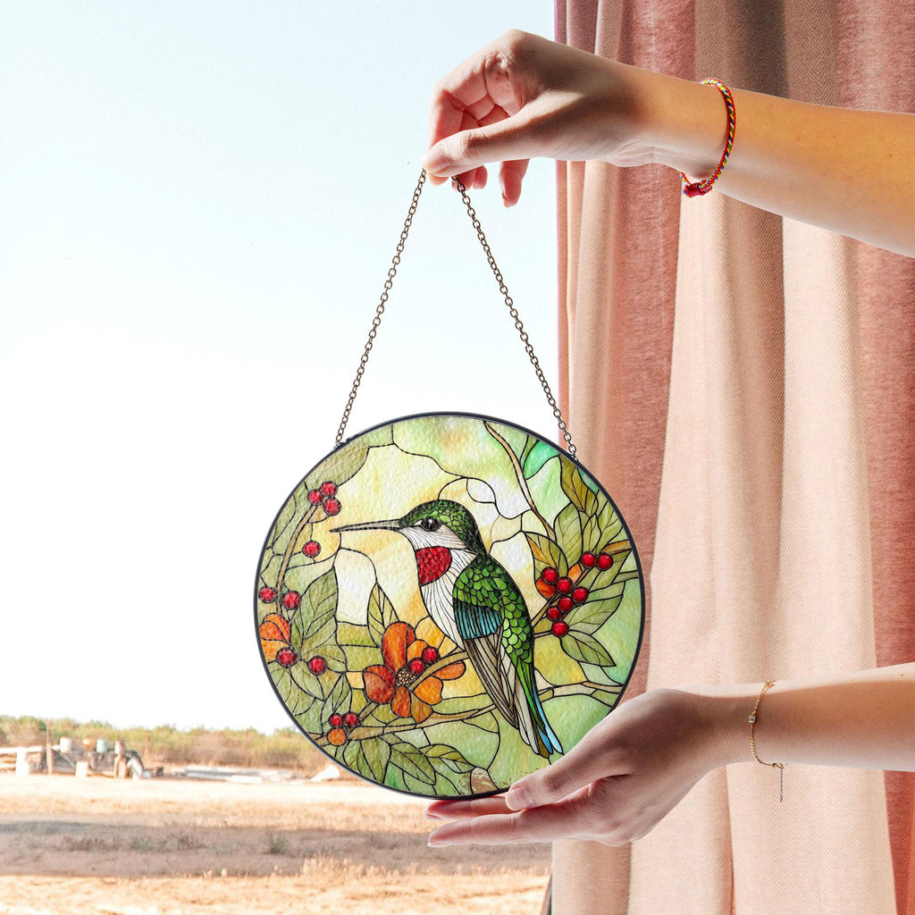 Hummingbird Stained Glass Art With Vibrant Flowers and Berries - Nature Inspired Window Decor , Acrylic Hanging Sun Catcher for Windows, Stained Glass Look Decor, Artistic Home Accent
