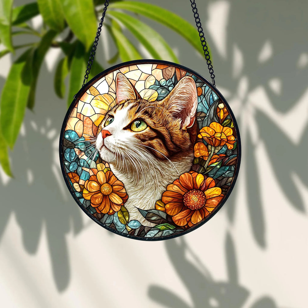 Tabby Cat Stained Glass Suncatcher_ Feline Window Decor, Decorative Stained Glass Style Suncatcher, Acrylic Window Art Panel, Sun Catcher Hanging Ornament, Unique Home Accent, andmade Home Decoration