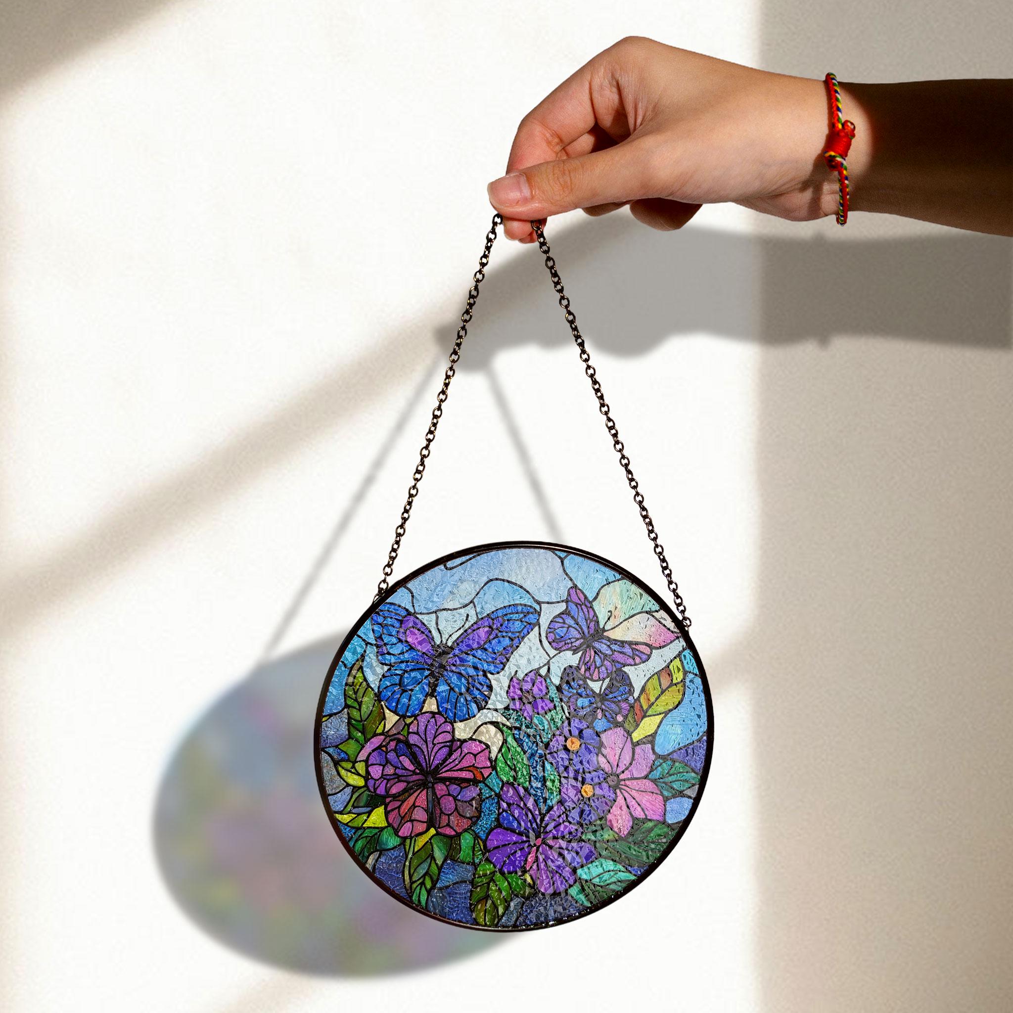 Butterfly and Flower Stained Glass Panel, Vibrant Round Window Decor, Handmade Acrylic Suncatcher Window Hanging, Stained Glass Look Decor, Colorful Light Catcher, Unique Home Gift