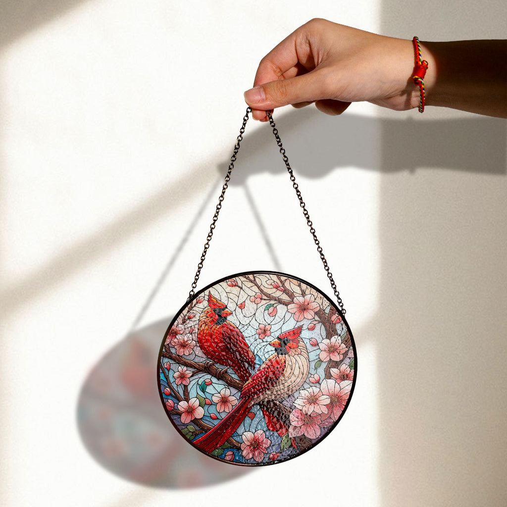 Cardinal Stained Glass Suncatcher, Vibrant Spring Decor, Bird Lover Window Hanging, Flower and Bird Theme, Perfect Gift for Mom , Vibrant Acrylic Sun Catcher Hanging, Stained Glass Look Window Decor, Decorative Home Accent Gift