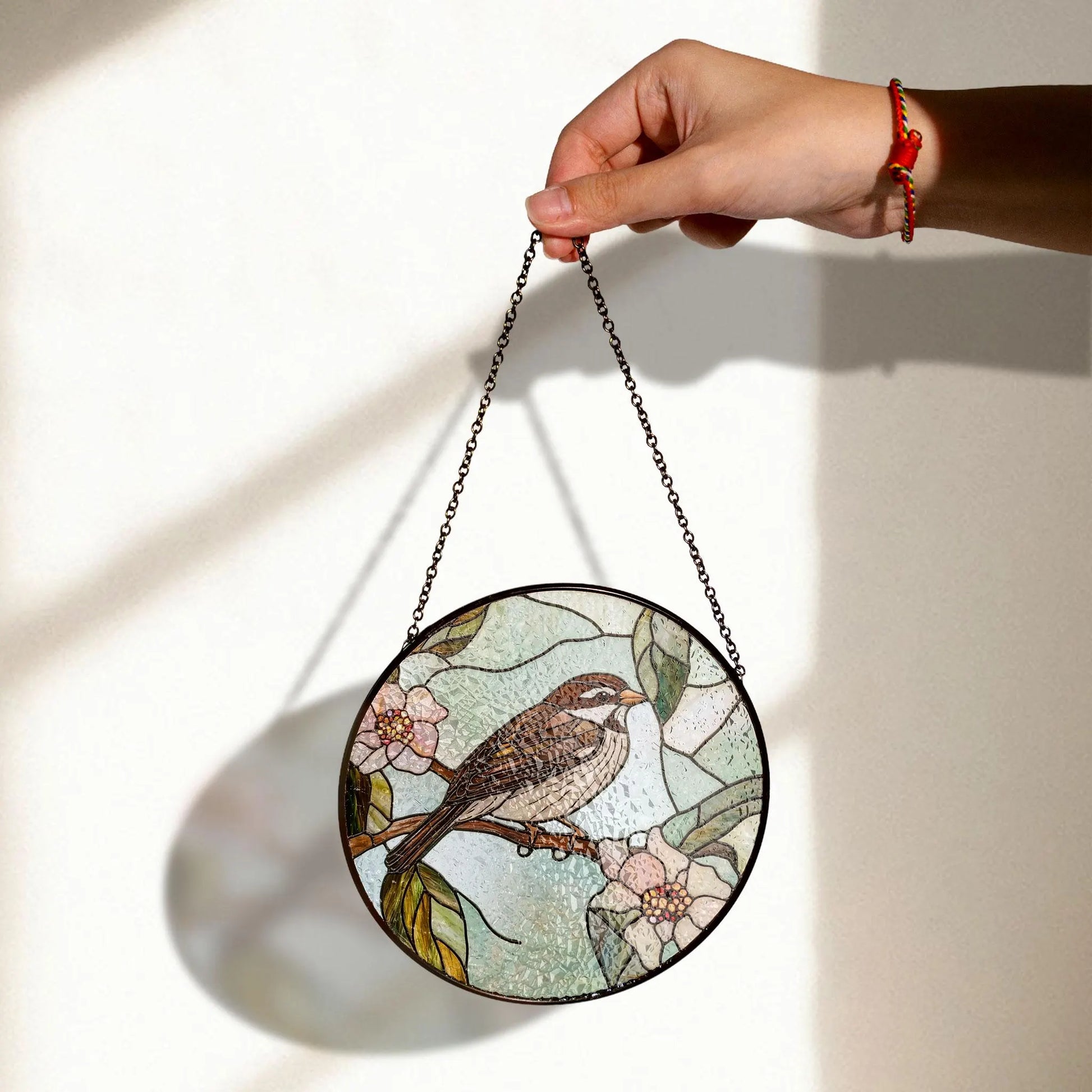 Charming Sparrow Round Glass Panel With Floral Design - Perfect Window or Wall Accent for Nature Lovers, Acrylic Light Catcher Window Hanging, Stained Glass Style Ornament, Artistic Home Decor Gift