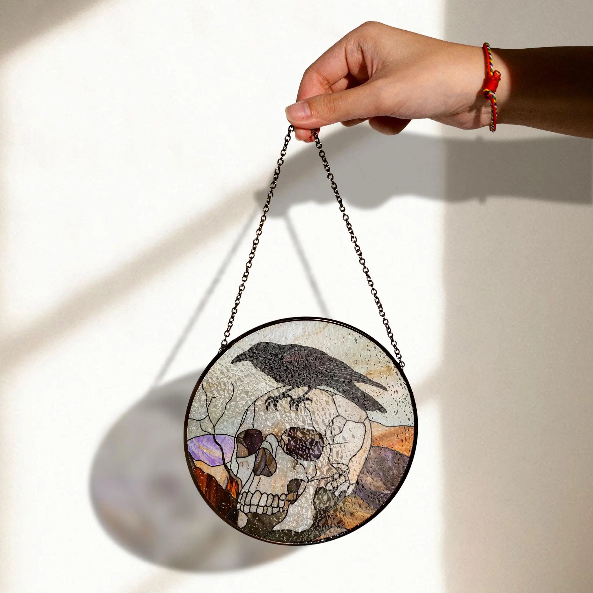 Raven on Skull Stained Glass - Gothic Home Decor, Acrylic Boho Window Suncatcher, Stained Glass Look Panel, Artistic Light Catcher, Handmade Home Accent