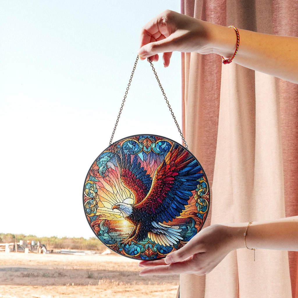 Bald Eagle Stained Glass Suncatcher, Vibrant Patriotic Decor, Independence Day Style, Dad Home Accent, Father’s Day Gift, Stained Glass Style Window Decor, Acrylic Hanging Suncatcher, Sunlit Light Catcher, Unique Artisan Gift