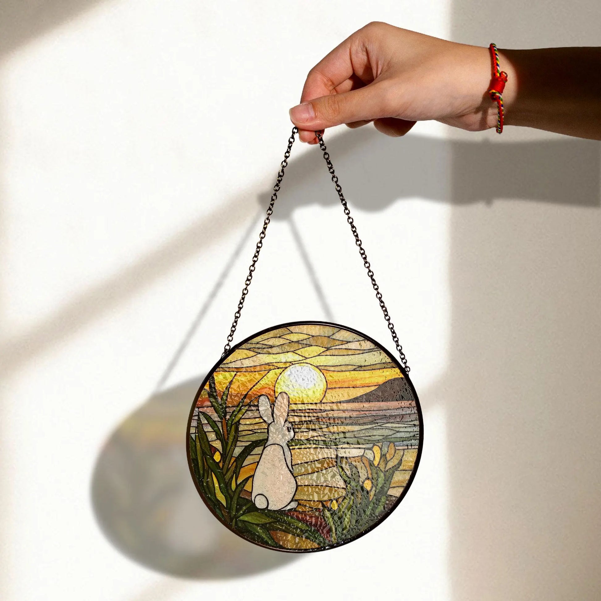 Bunny Sunset Stained Glass Window Hanging - Nature-inspired Art Decor, Stained Glass Effect Acrylic Suncatcher, Window Hanging Decoration, Colorful Sunlit Home Accent, Handmade Gift