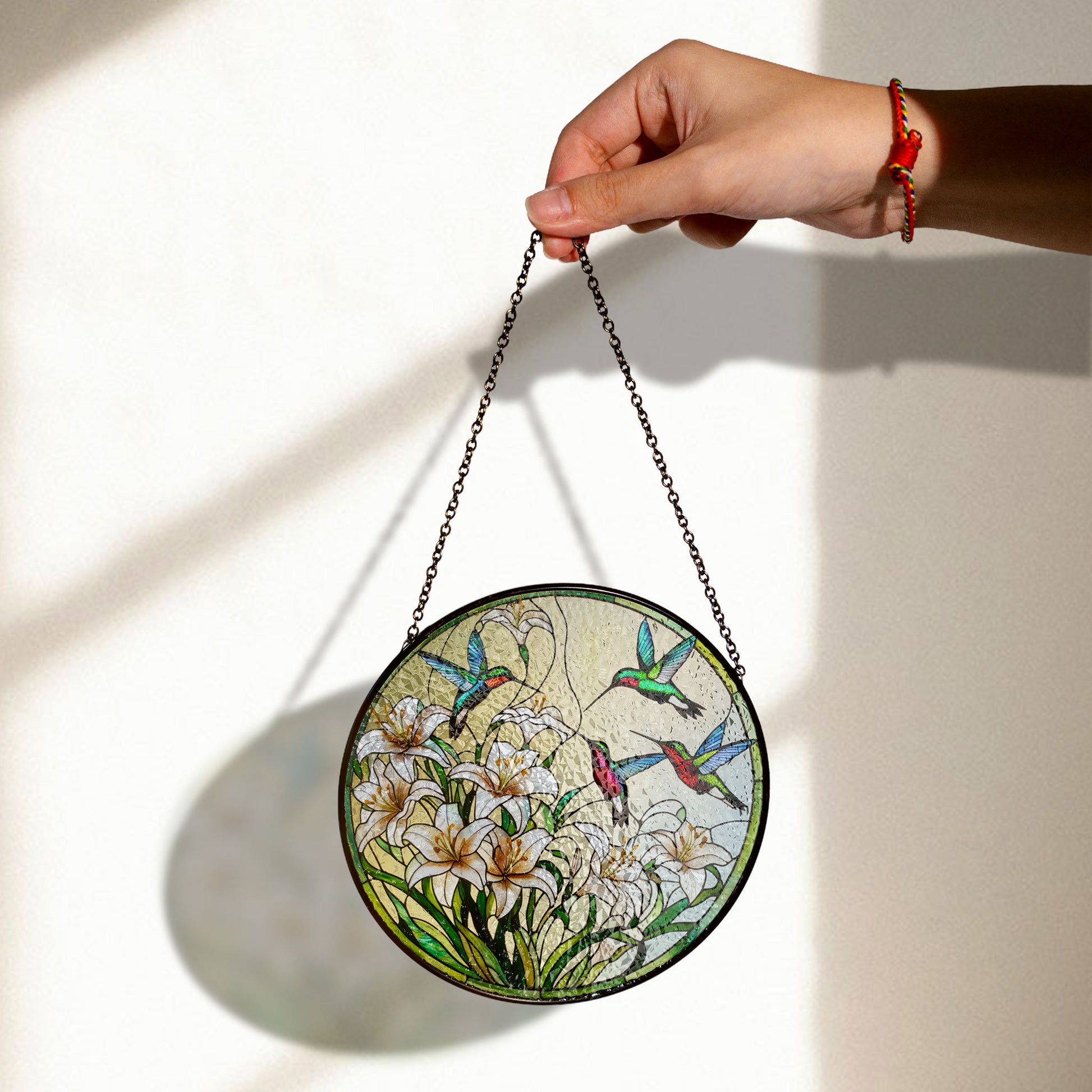 Stained Glass Hummingbird and White Lily Suncatcher - Elegant Window Hanging for Home and Garden Decor, Acrylic Hanging Sun Catcher for Windows, Stained Glass Look Decor, Artistic Home Accent