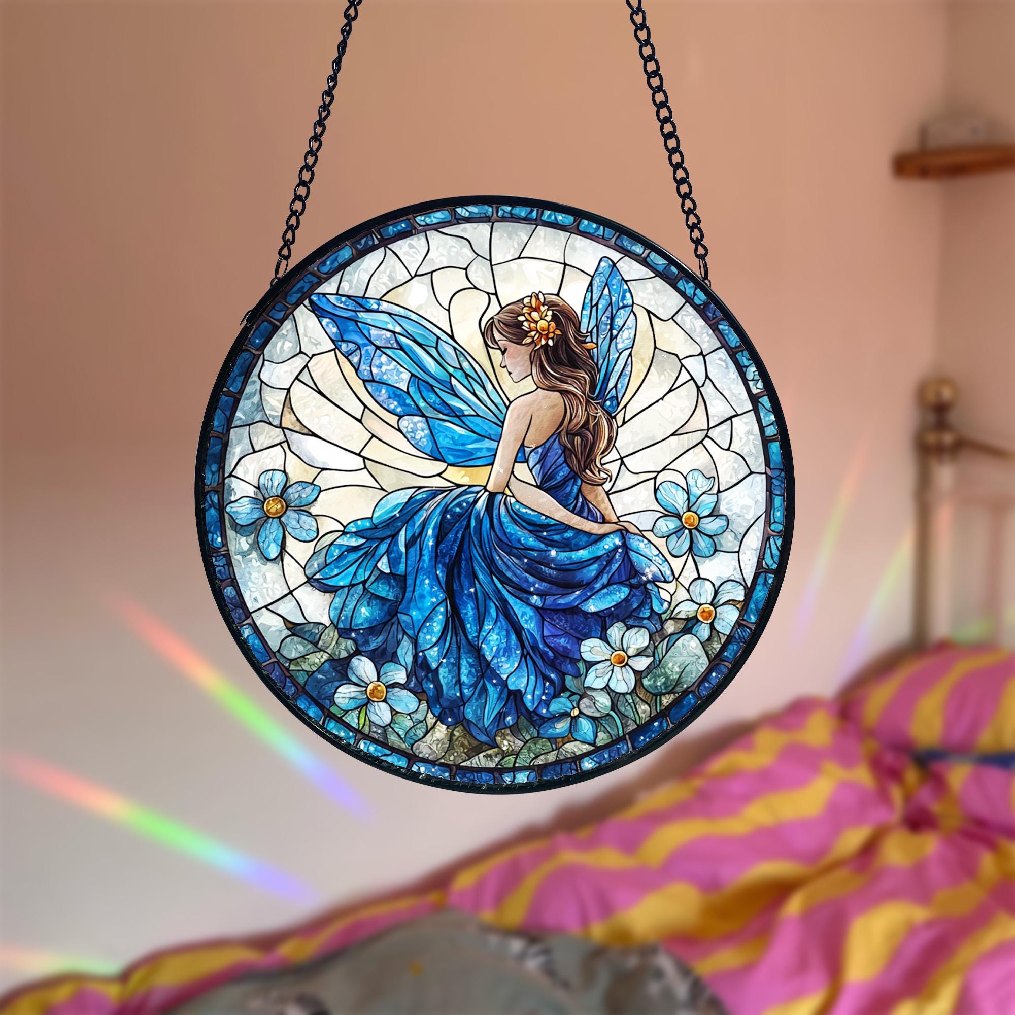 Fairy Stained Glass Suncatcher_ Whimsical Window Hanging, Colorful Sun Catcher Ornament, Boho Window Decoration, Unique Gift