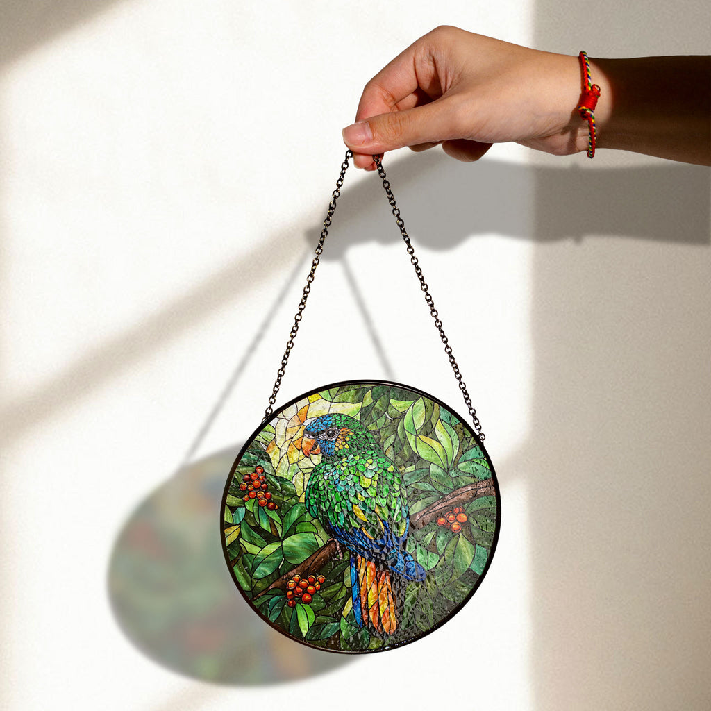 Parrot Stained Glass Window Hanging - Vibrant Tropical Bird Suncatcher, Acrylic Boho Window Suncatcher, Stained Glass Look Panel, Artistic Light Catcher, Handmade Home Accent