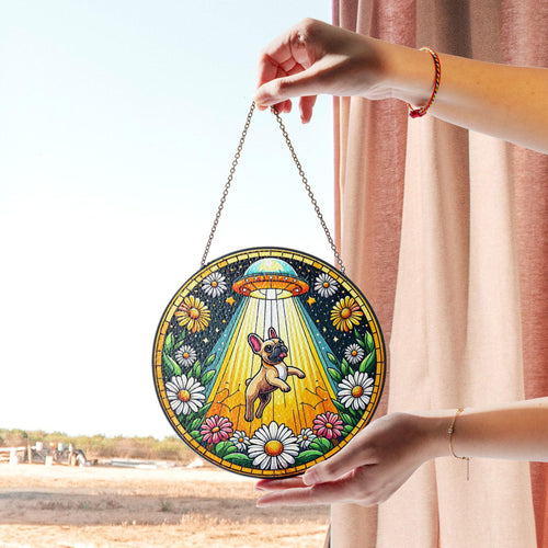 Alien Abduction French Bulldog Stained Glass Suncatcher, Alien Abduction Window Hanging, Sci-fi Dog Decor, Pet Lover Gift, Acrylic Hanging Sun Catcher for Windows, Stained Glass Look Decor, Artistic Home Accent