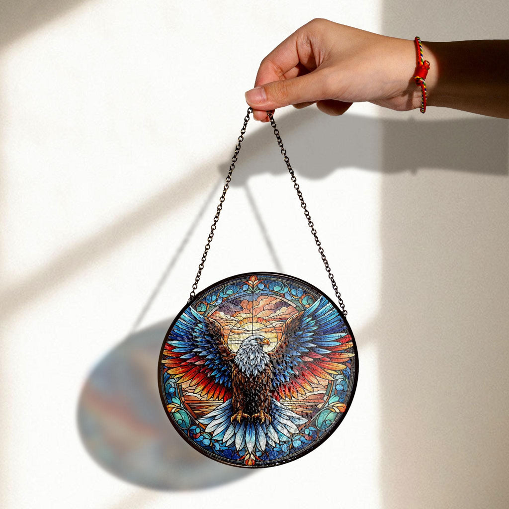 Bald Eagle Stained Glass Suncatcher, Patriotic Window Decor, Independence Day Style, Gift for Dad, Veterans, Freedom Lovers, Stained Glass Style Window Decor, Acrylic Hanging Suncatcher, Sunlit Light Catcher, Unique Artisan Gift