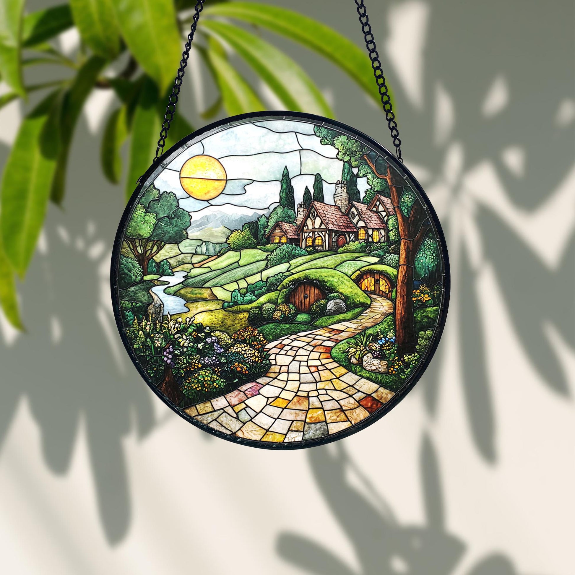 Handmade Shire Stained Glass Suncatcher_ Fantasy Home Decor, Handcrafted Stained Glass Suncatcher, Vibrant Window Art Panel, Sunlit Light Catcher Decoration, Boho Room Decor, Gift for Home Lovers