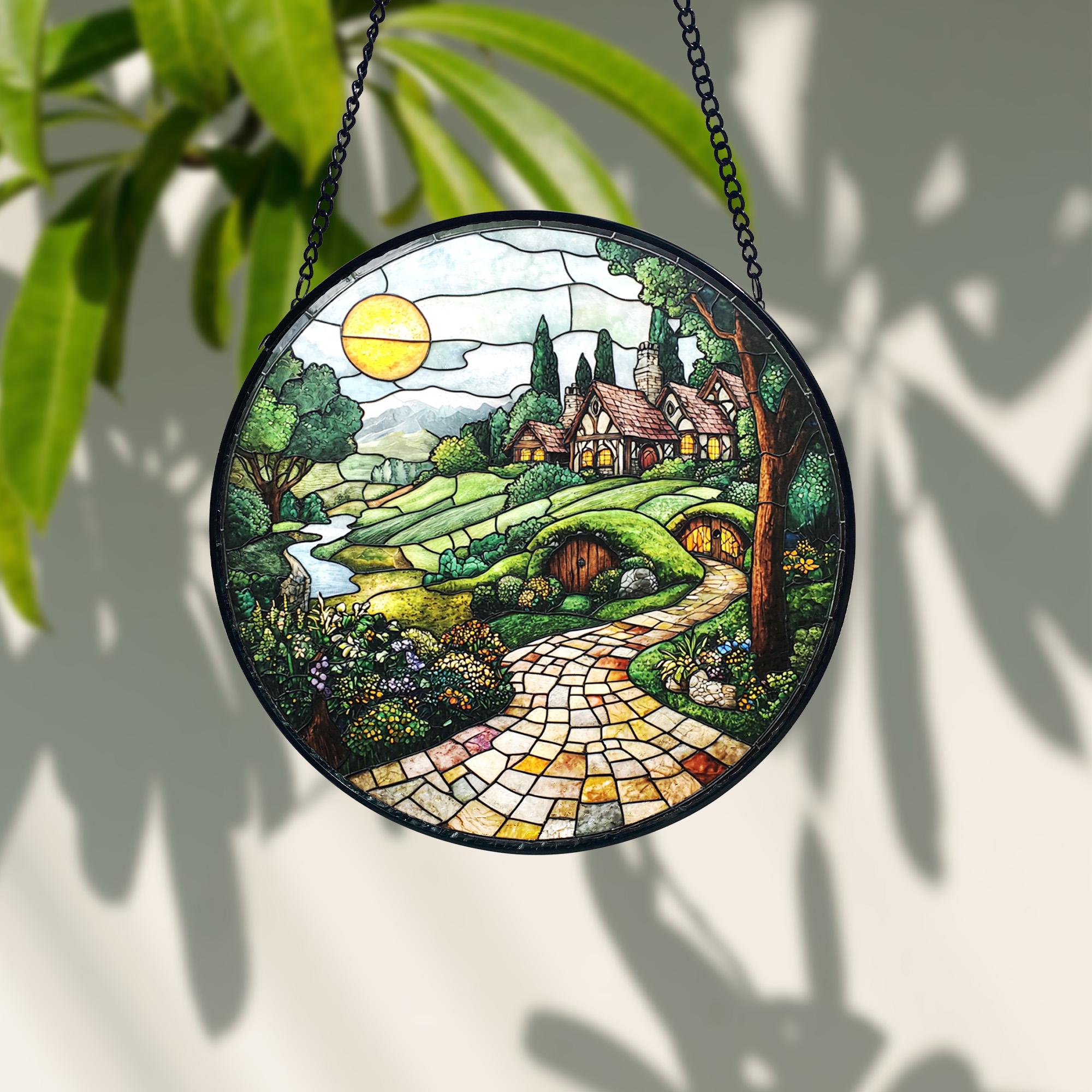 Handmade Shire Stained Glass Suncatcher_ Fantasy Home Decor, Handcrafted Stained Glass Suncatcher, Vibrant Window Art Panel, Sunlit Light Catcher Decoration, Boho Room Decor, Gift for Home Lovers