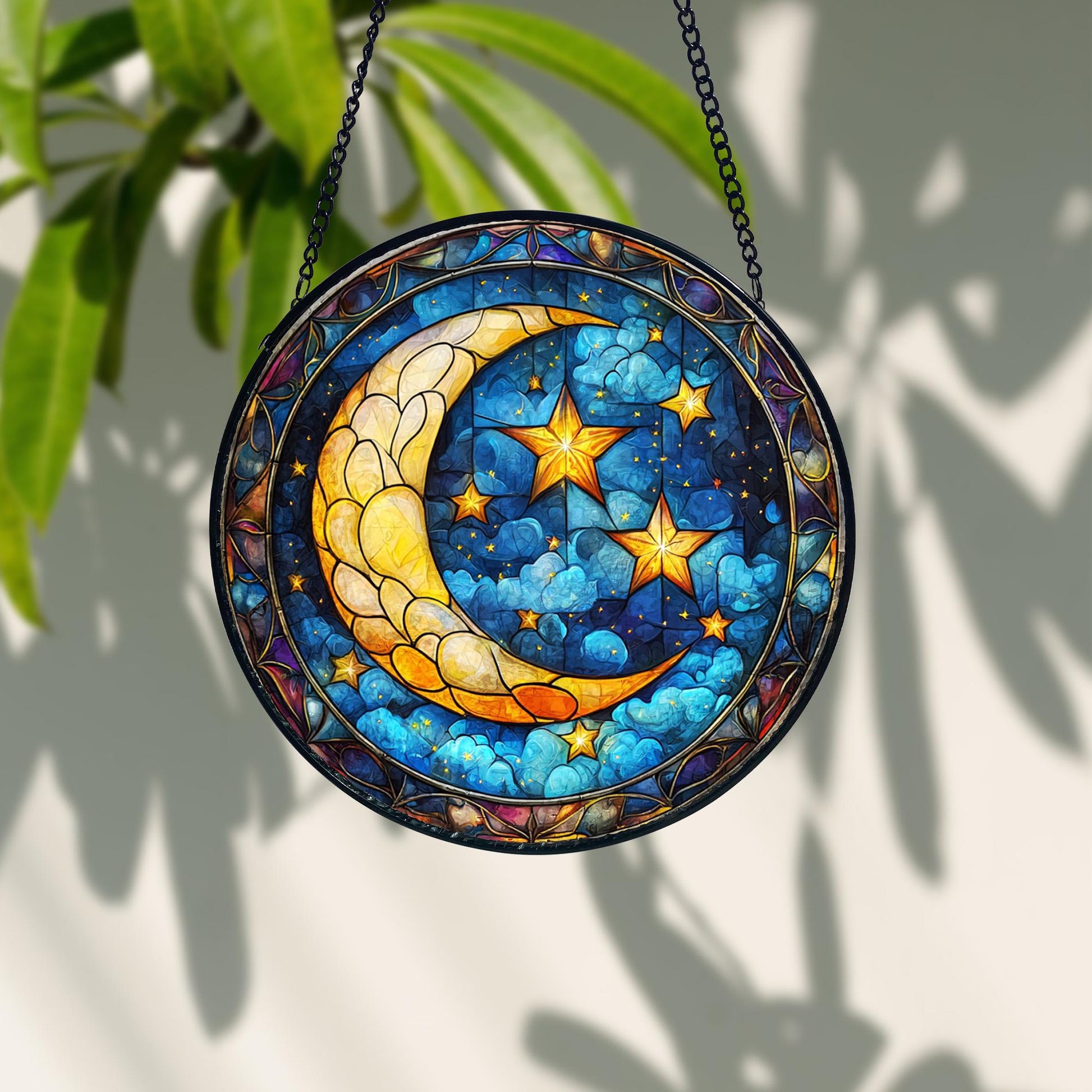 Moon and Star Stained Glass Suncatcher_ Celestial Window Hanging, Acrylic Stained Glass Window Art, Handmade Sun Catcher Hanging Decor, Colorful Light Reflecting Panel, Unique Gift for Home
