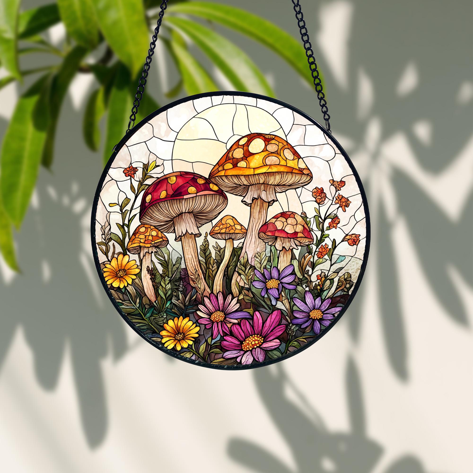 Mushroom Stained Glass Suncatcher_ Sunset Window Hanging Art, Artistic Stained Glass Acrylic Panel, Window Light Catcher Hanging, Colorful Home Decor Accent, Handmade Gift for Any Occasion