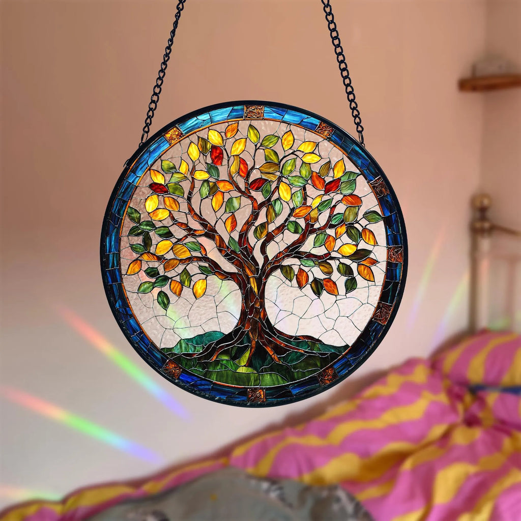 Stained Glass Tree of Life Suncatcher_ Handmade Window Hanging Decor, Acrylic Stained Glass Clover Suncatcher, Lucky Window Hanging, Boho Green Ornament, Unique Artisan Home Decor
