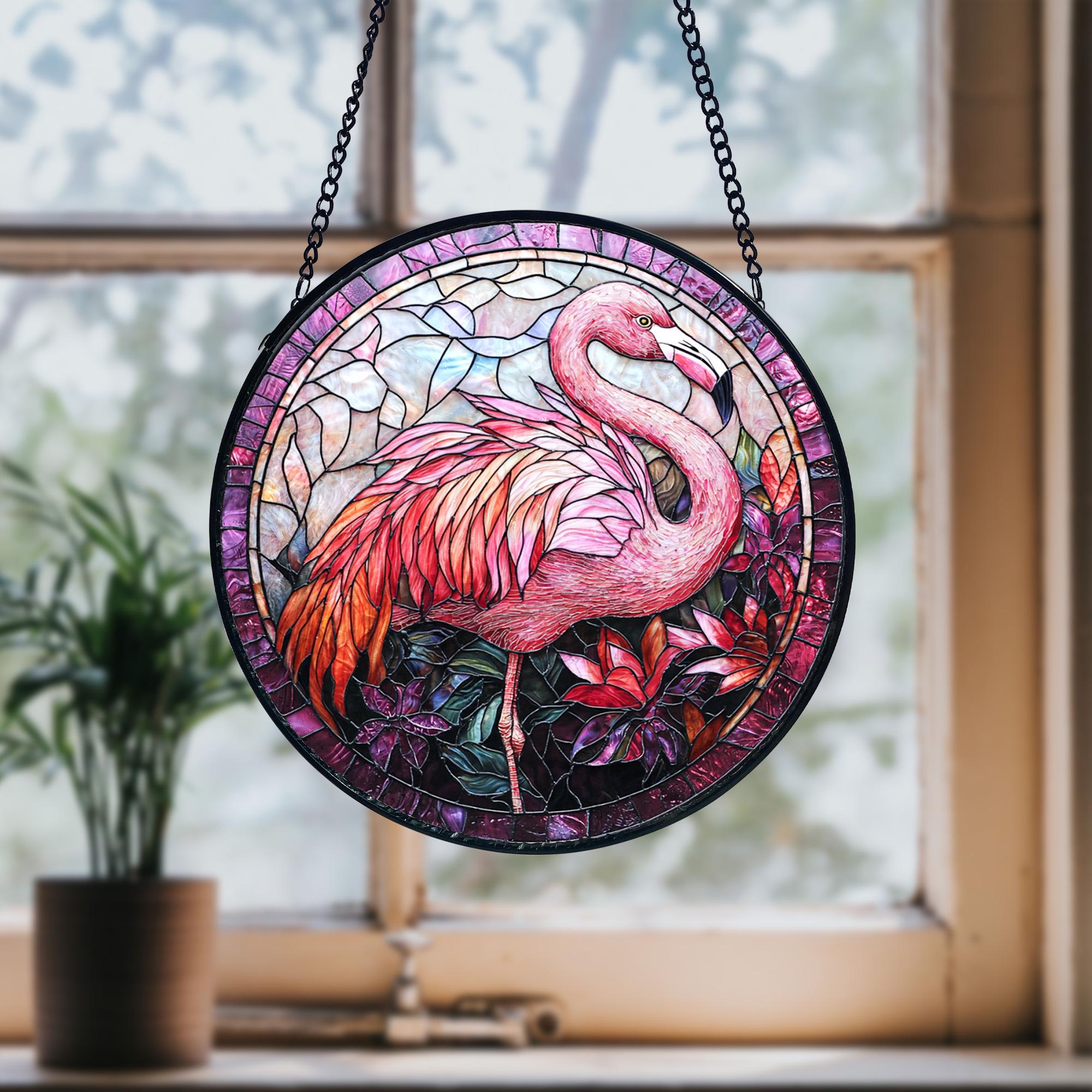 Handcrafted Pink Flamingo Stained Glass Suncatcher_ Tropical Home Decor, Stained Glass Style Window Hanging Colorful Sun Catcher Ornament, Boho Window Decoration, Unique Gift