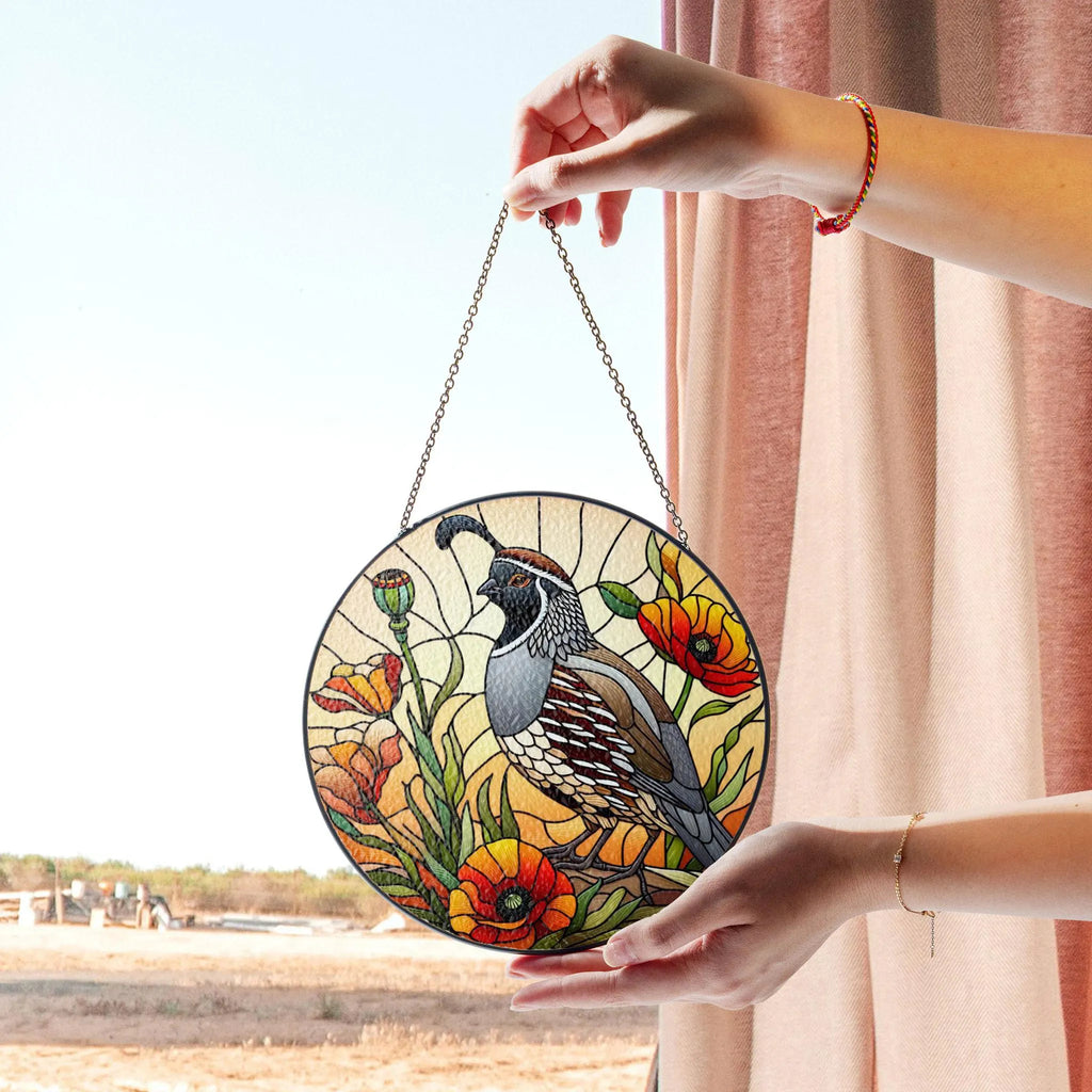 California Quail Stained Glass Suncatcher, Poppy Flower Window Decor, Wild Bird Nature Theme, Nature Lover Gift, Home Accent Gift Idea,Acrylic Light Catcher Window Hanging, Stained Glass Style Ornament, Artistic Home Decor Gift