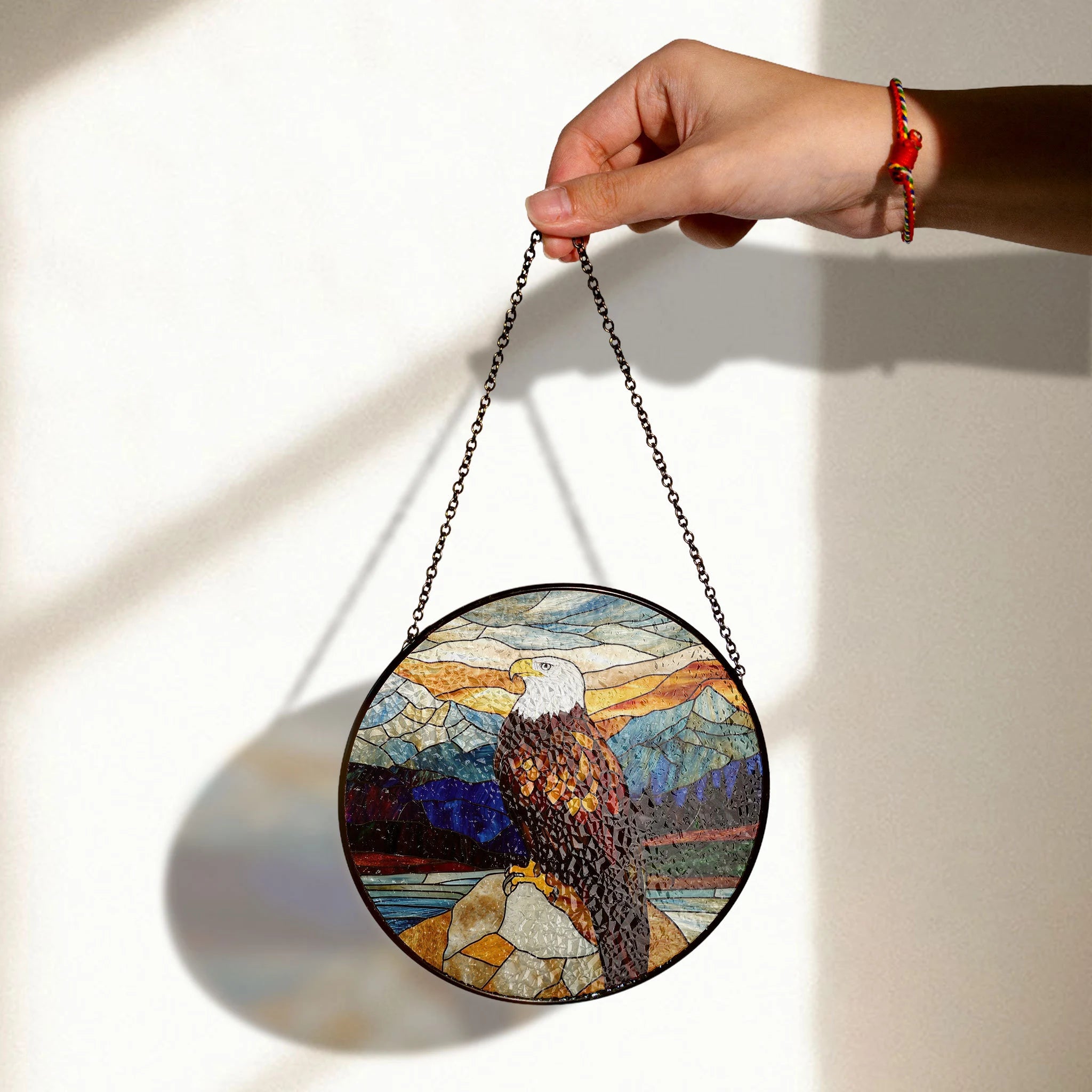 Bald Eagle Stained Glass Window Hanging - Majestic Mountain Scene Suncatcher , Colorful Acrylic Light Catcher, Stained Glass Effect Suncatcher, Handmade Window Decoration Gift