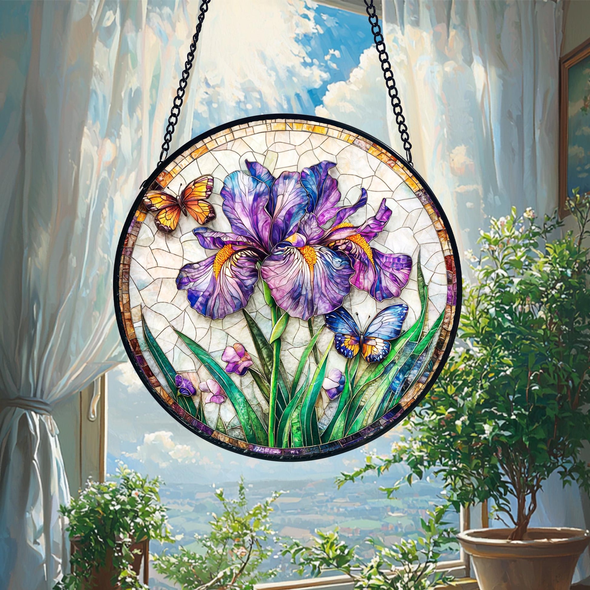 Handcrafted Purple Iris Stained Glass Suncatcher_ Floral Window Decor, Boho Window Decoration, Unique Gift
