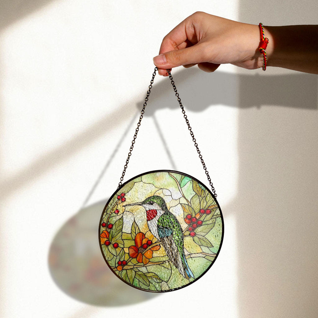 Hummingbird Stained Glass Art With Vibrant Flowers and Berries - Nature Inspired Window Decor , Acrylic Hanging Sun Catcher for Windows, Stained Glass Look Decor, Artistic Home Accent