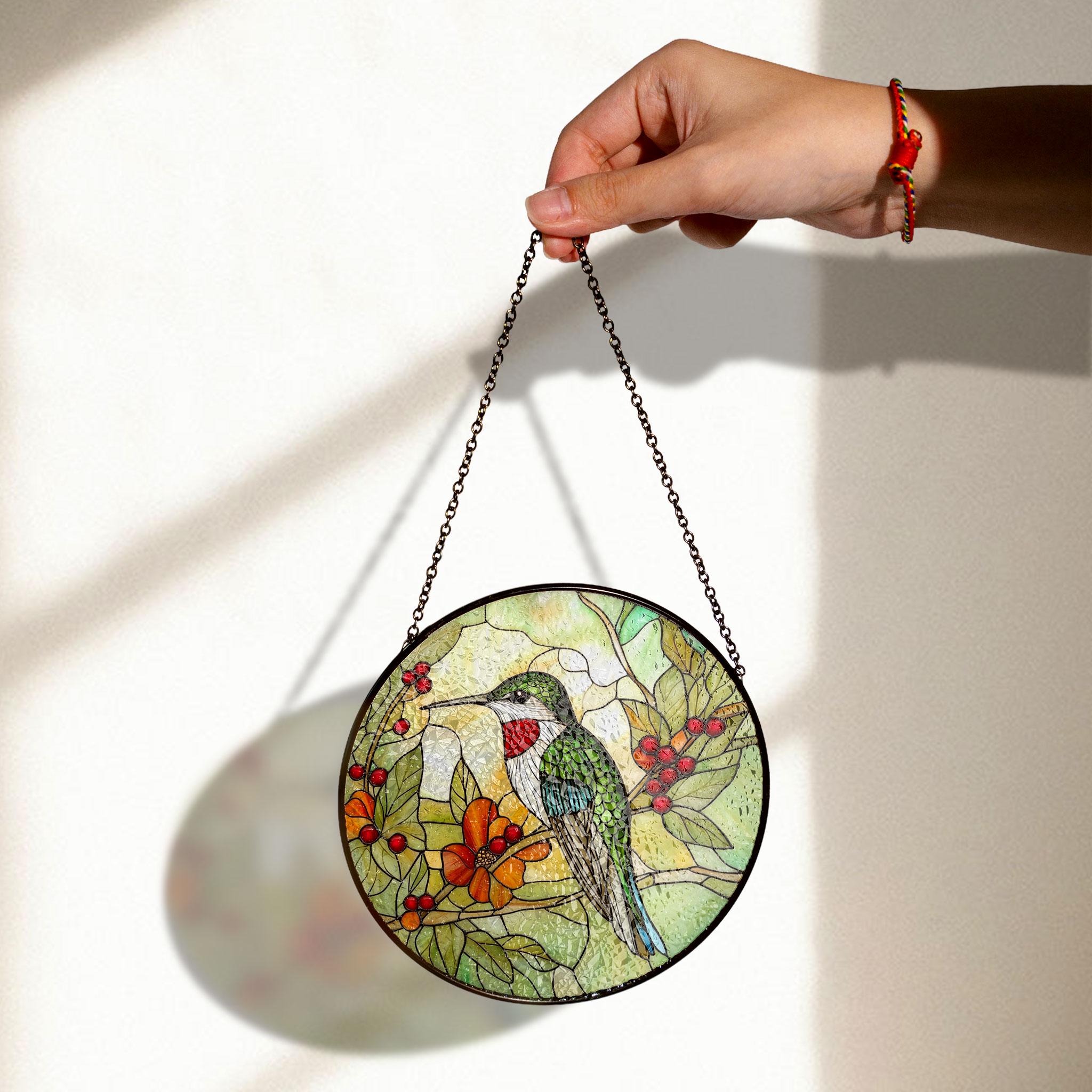 Hummingbird Stained Glass Art With Vibrant Flowers and Berries - Nature Inspired Window Decor , Acrylic Hanging Sun Catcher for Windows, Stained Glass Look Decor, Artistic Home Accent