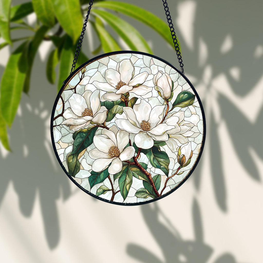 Handmade Stained Glass White Magnolia Suncatcher_ Floral Window Hanging, Handcrafted Stained Glass Suncatcher, Vibrant Window Art Panel, Sunlit Light Catcher Decoration, Boho Room Decor, Gift for Home Lovers