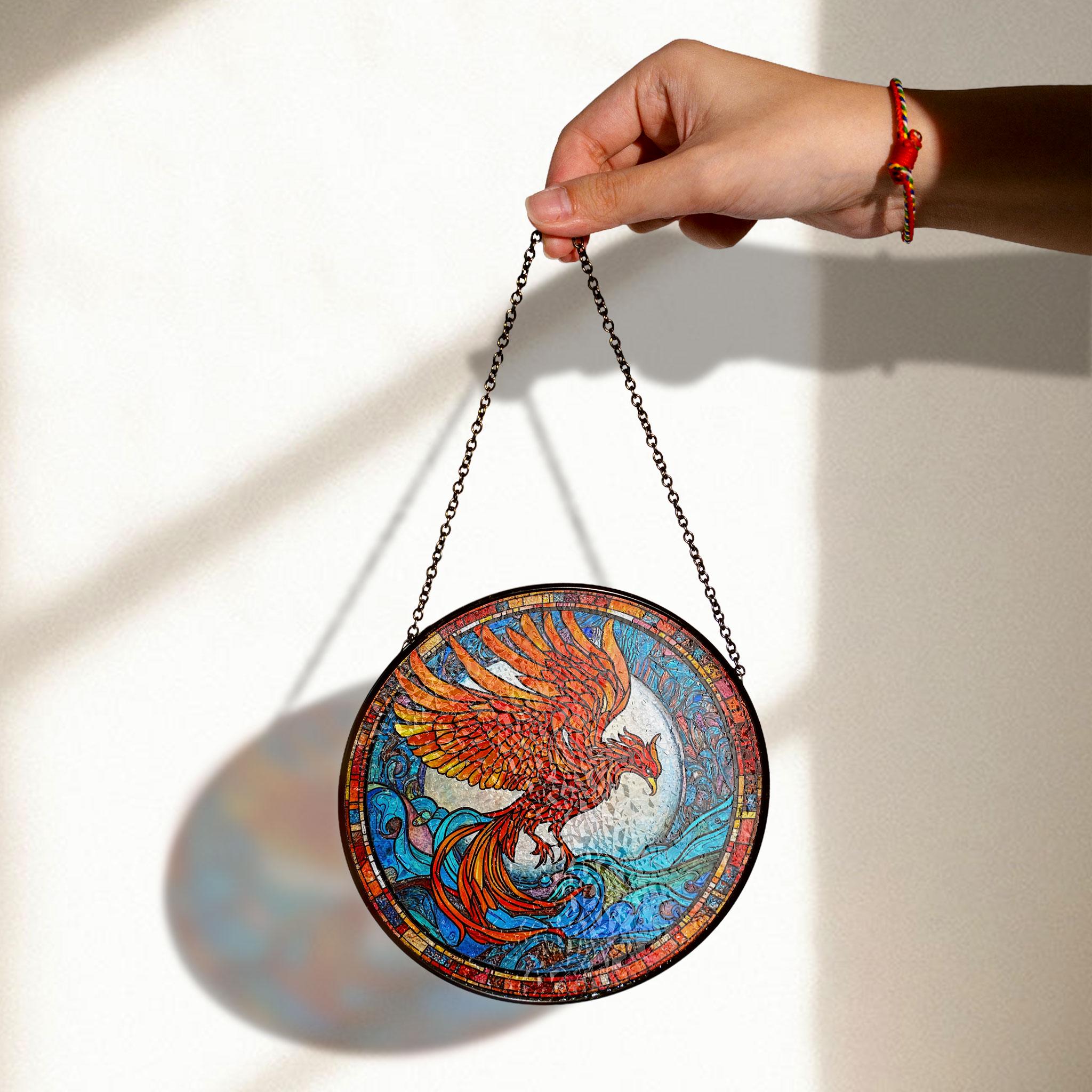 Fiery Phoenix Stained Glass Window Hanging, Majestic Art for Home Decor , Acrylic Hanging Sun Catcher for Windows, Stained Glass Look Decor, Artistic Home Accent