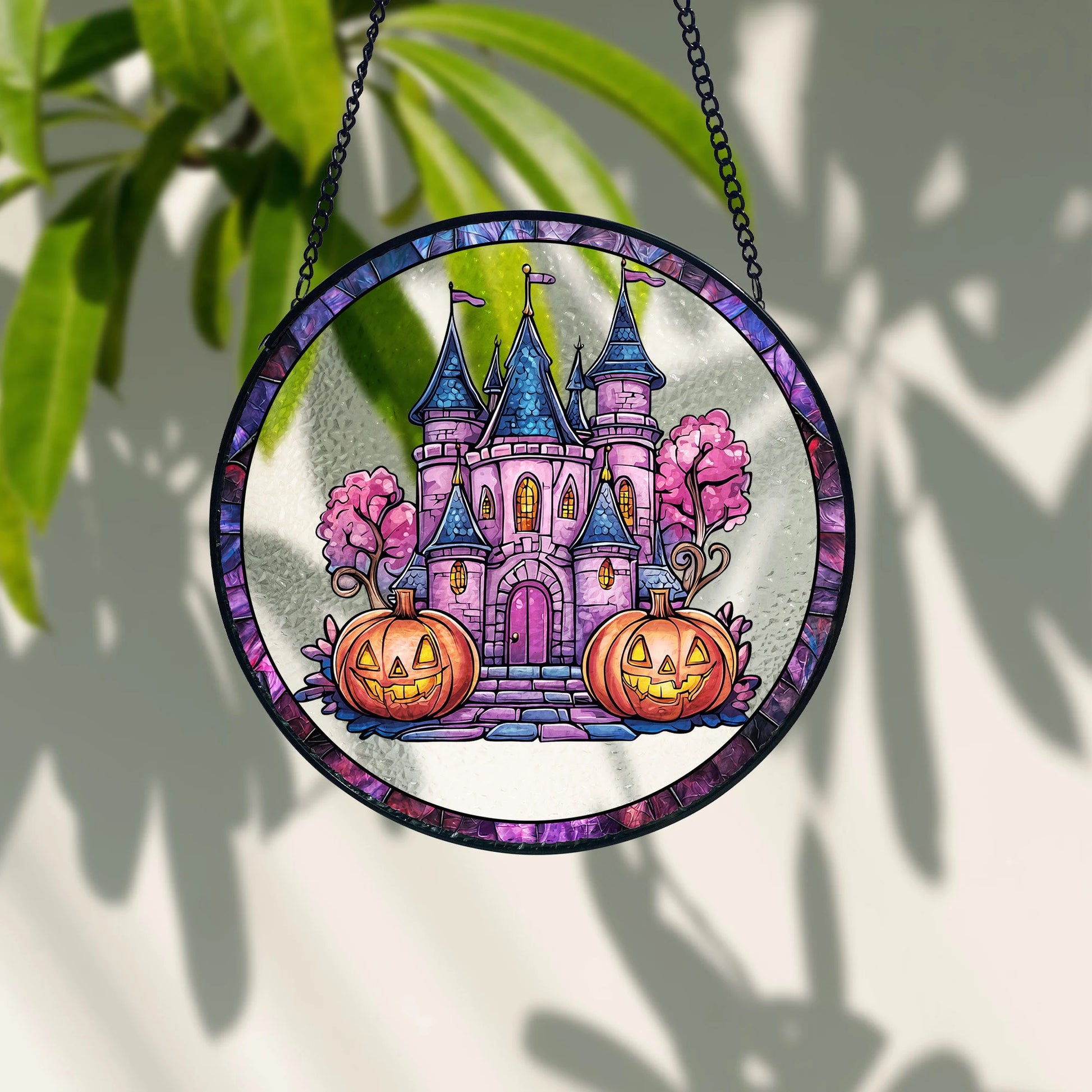 Pink Halloween Stained Glass Suncatcher, Castle Pumpkin Window Hanging, Artistic Stained Glass Acrylic Panel, Window Light Catcher Hanging, Colorful Home Decor Accent, Handmade Gift for Any Occasion