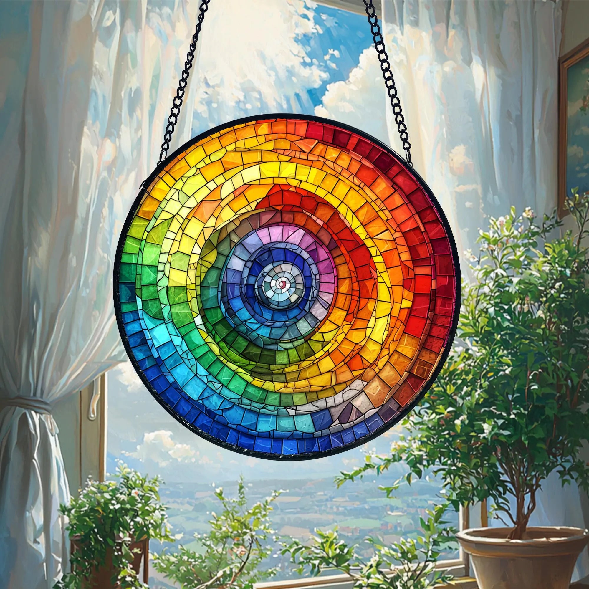 Rainbow Spiral Stained Glass Suncatcher_ Handmade Window Art, Artistic Stained Glass Acrylic Panel, Window Light Catcher Hanging, Colorful Home Decor Accent, Handmade Gift for Any Occasion